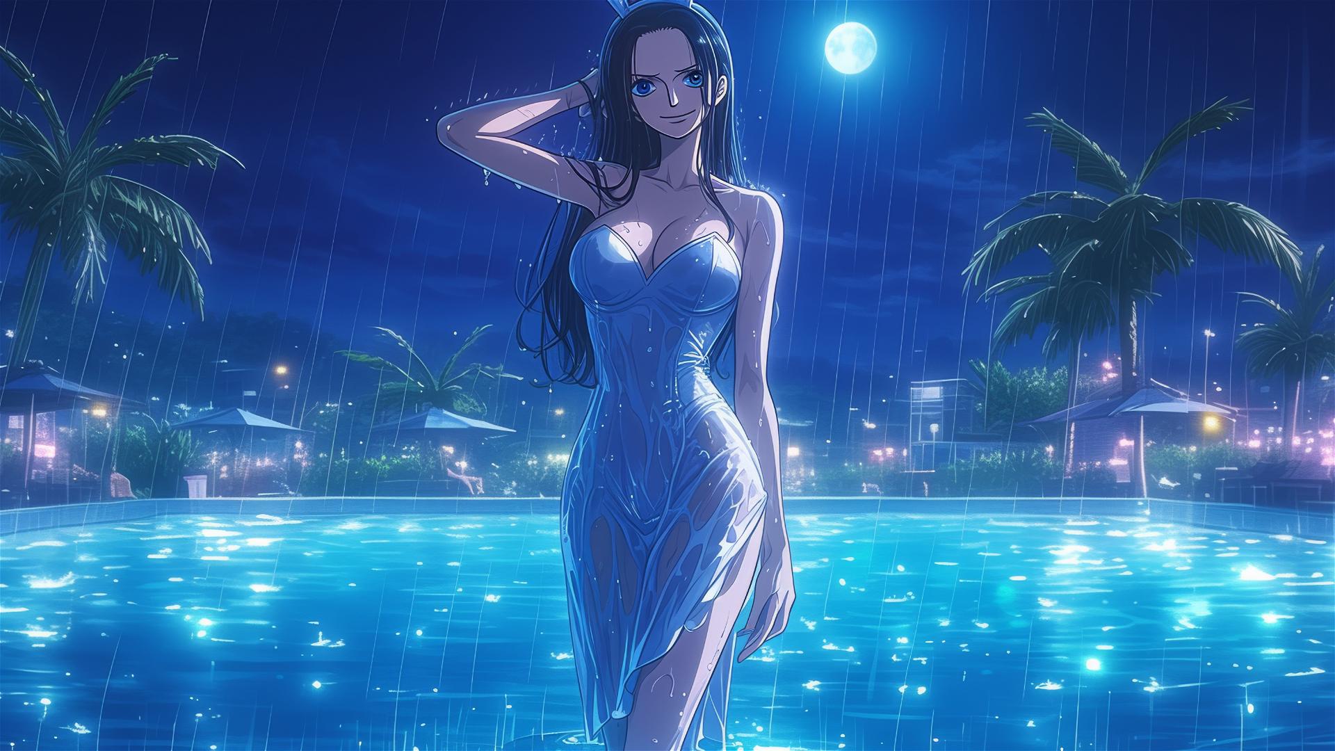 Nico Robin from One Piece in bunny girl pose, moonlit rainy pool