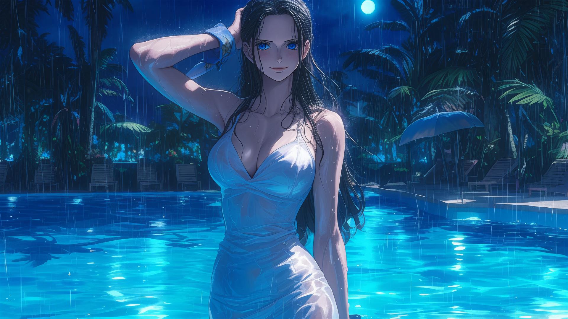 Nico Robin from One Piece in a rainy swimming pool with moonlight, bunny girl pose, blue eyes, white dress