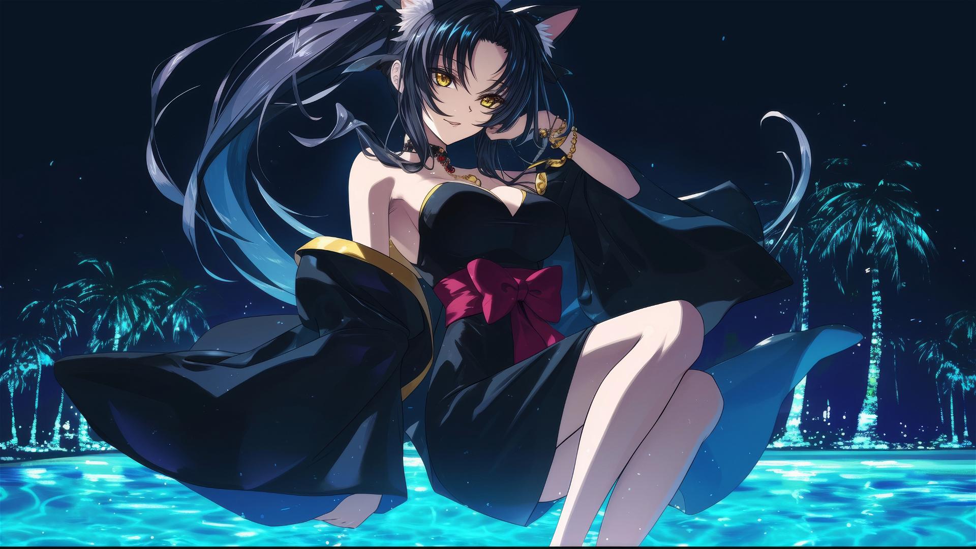 Kuroka from High School DxD, swimming in moonlight