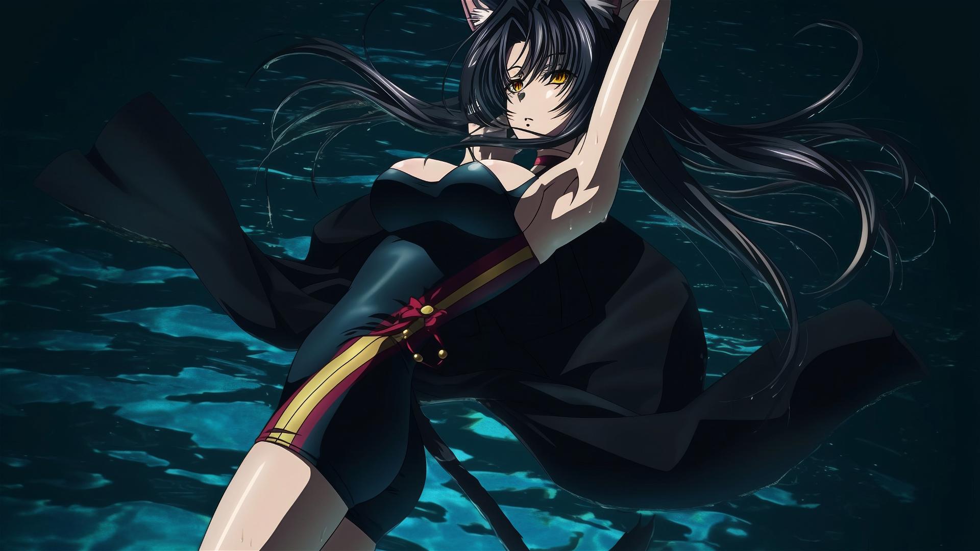 Kuroka from High School DxD swimming in moonlit pool