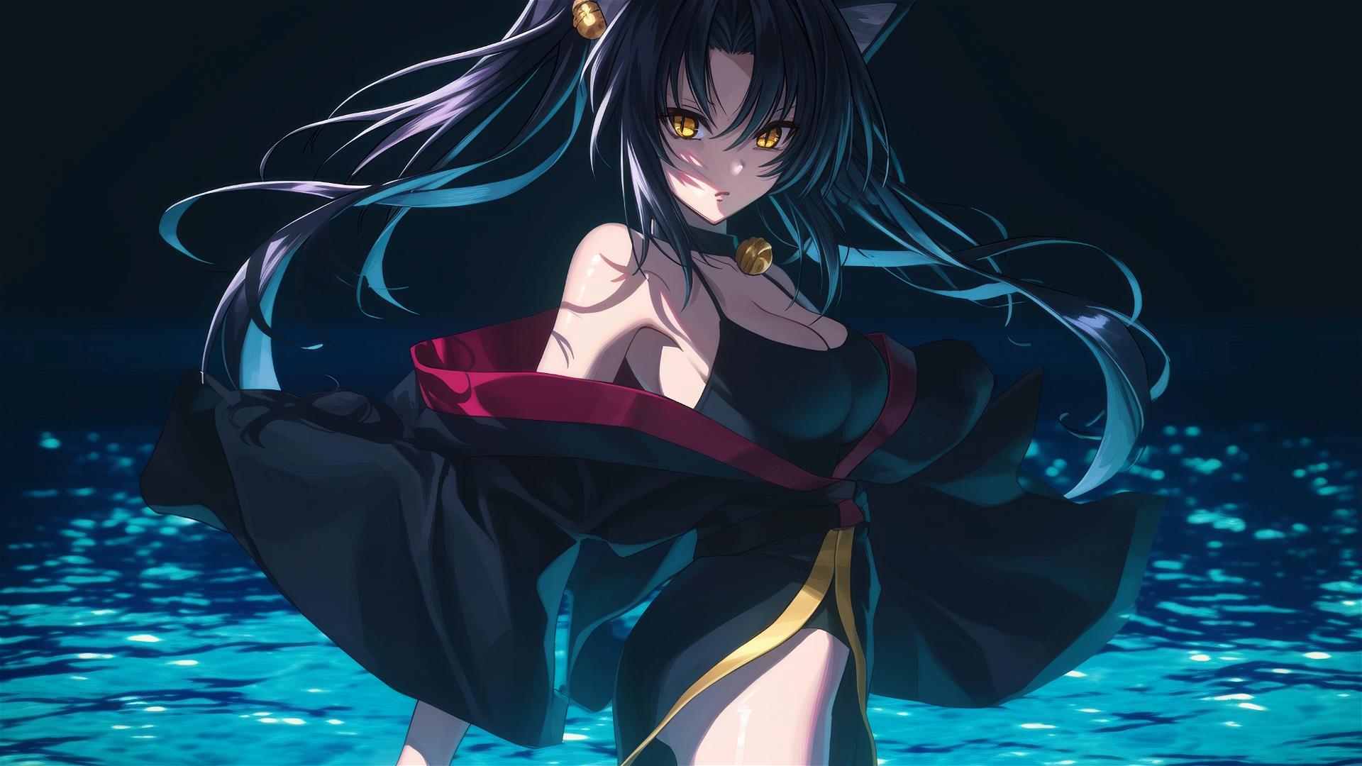 Kuroka from High School DxD swimming in moonlit pool