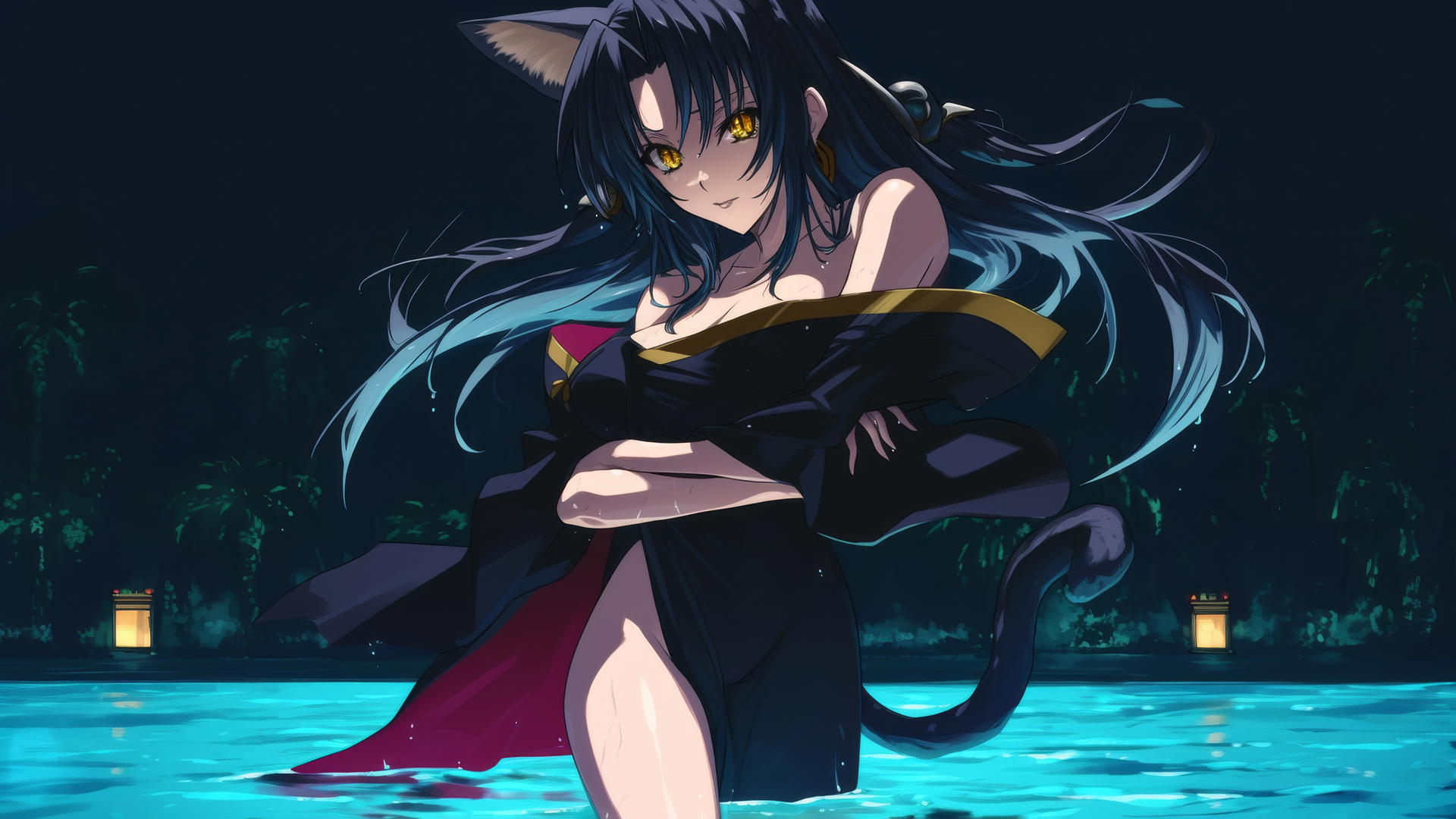 Kuroka from High School DxD swimming in moonlit pool, long black hair, hazel gold eyes