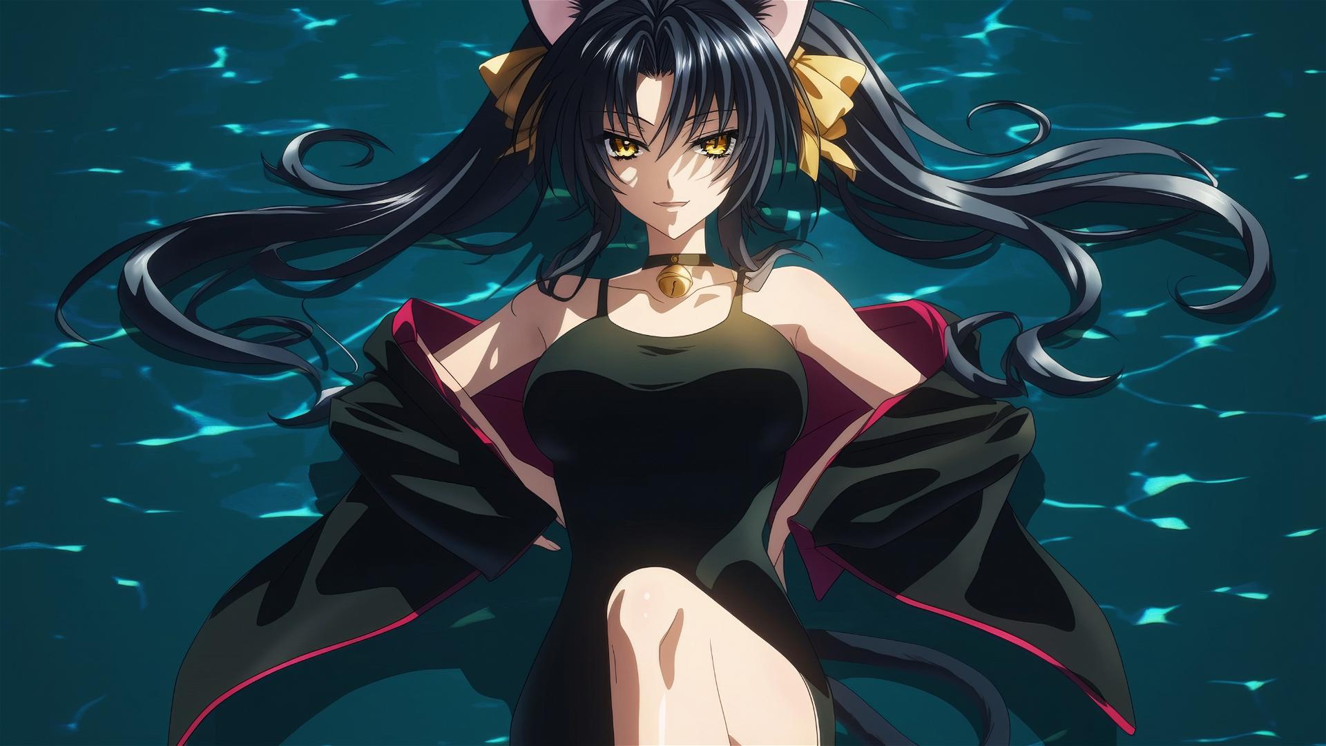 Kuroka from High School DxD leisurely swimming in moonlit pool