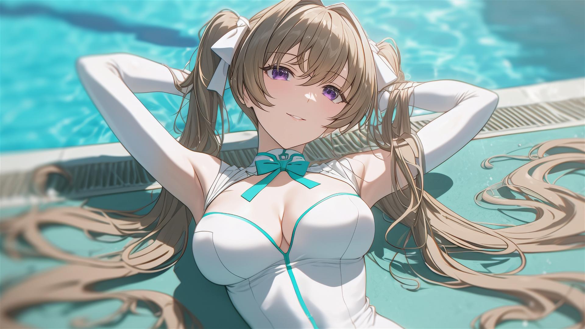 Irina Shidou resting by pool under moonlight, violet eyes, twintails