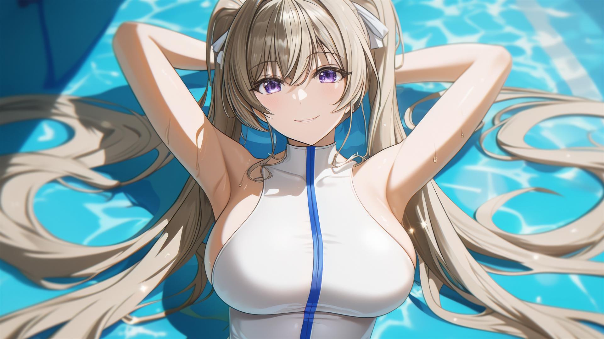 Irina Shidou from High School DxD by the pool under moonlight, violet eyes, twintails with blue scrunchies.