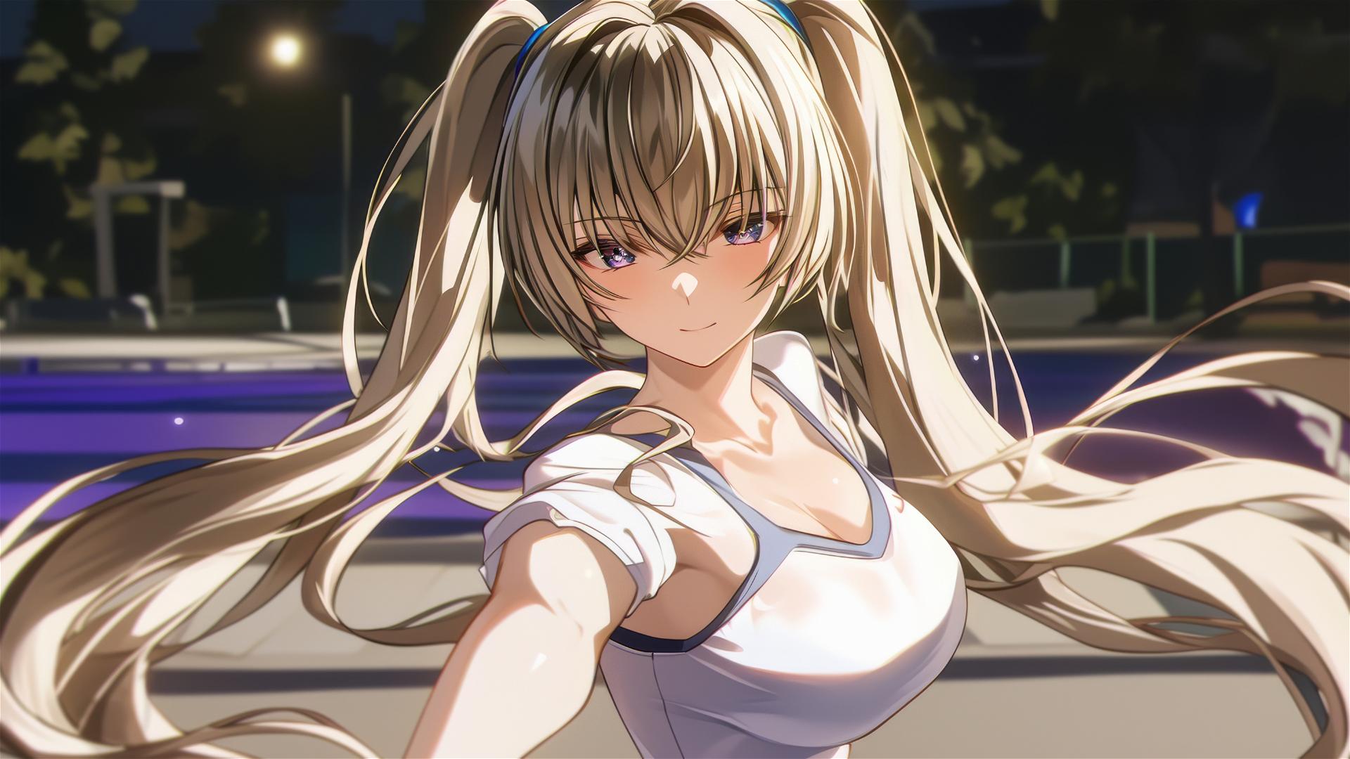Irina Shidou from High School DxD resting by pool under moonlight, violet eyes