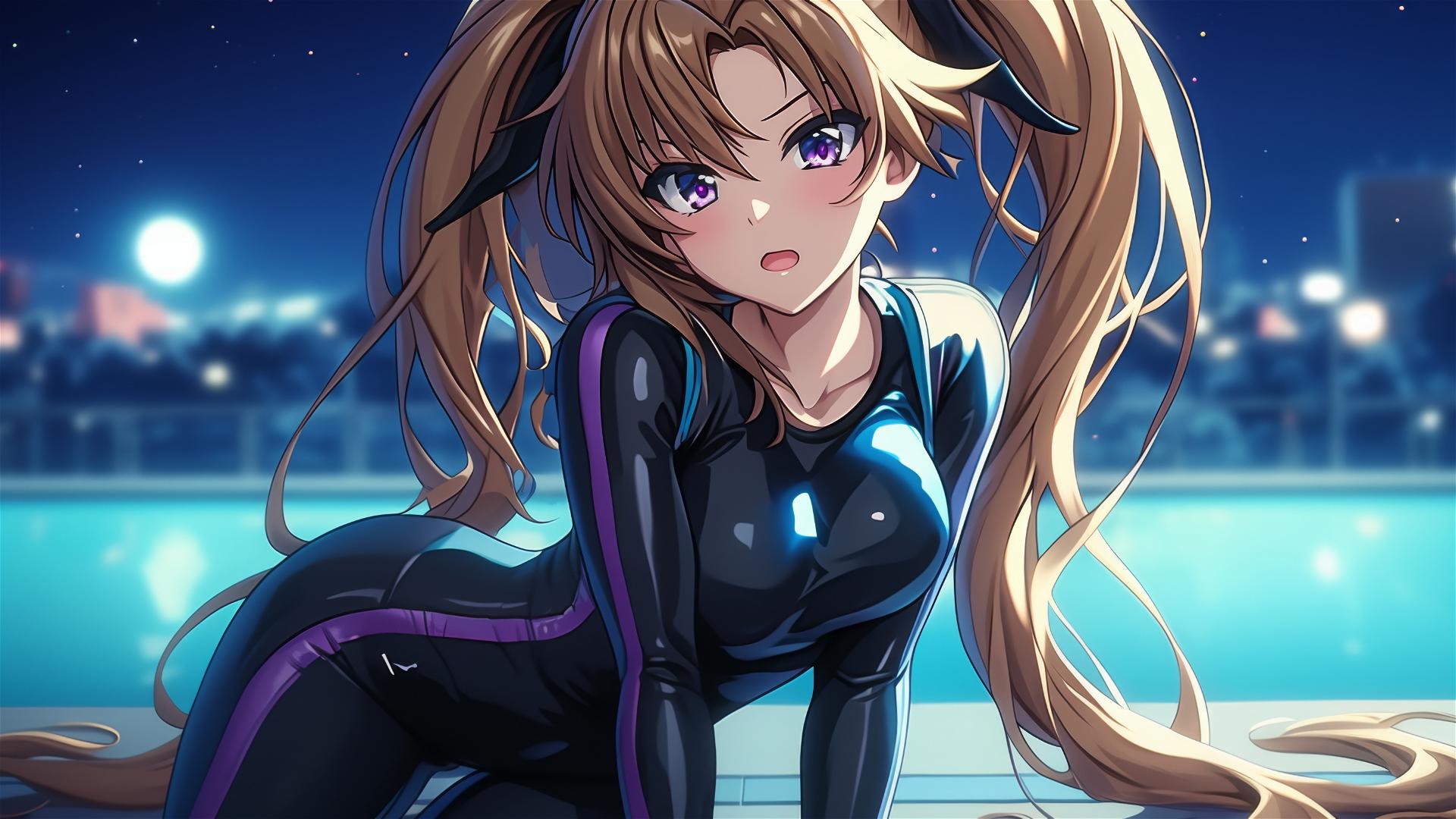 Irina Shidou from High School DxD by the pool under moonlight, violet eyes, twintails with blue scrunchies