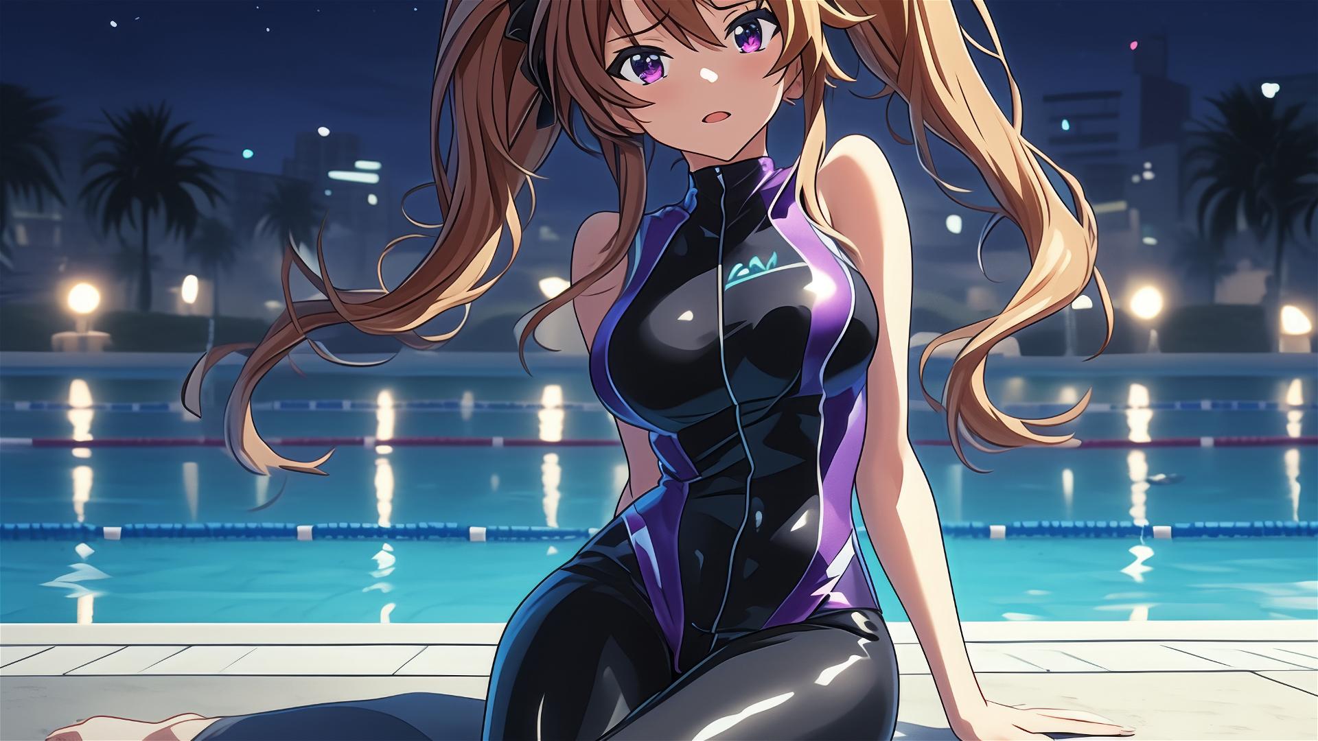 Irina Shidou from High School DxD resting by pool in moonlight with violet eyes and twintails