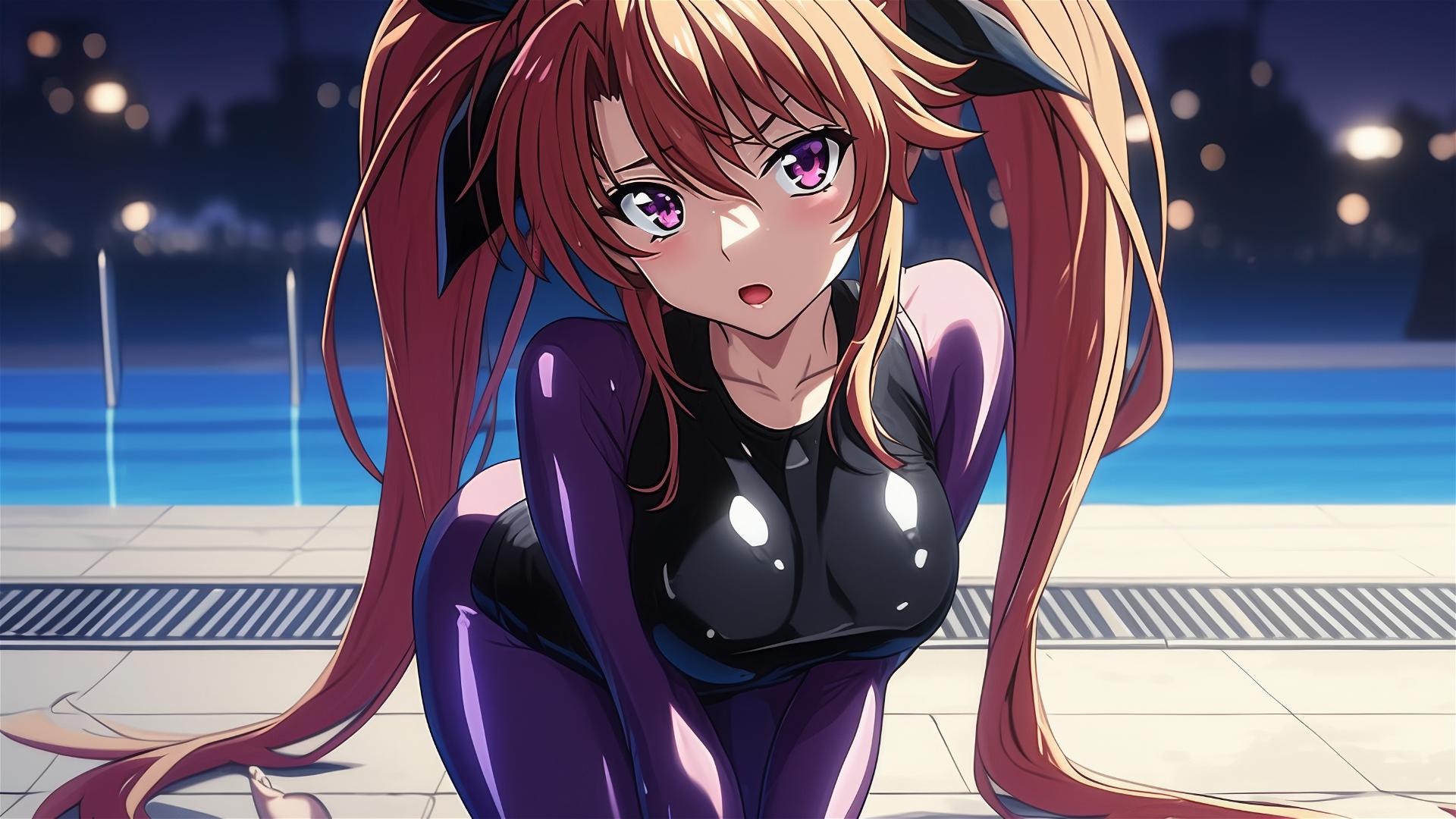 Irina Shidou resting by pool with moonlight on twintails