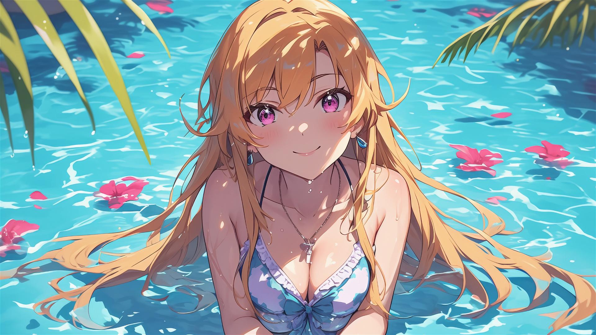 Erina Nakiri swimming under moonlight with glowing pinkish-purple eyes, honey blonde hair