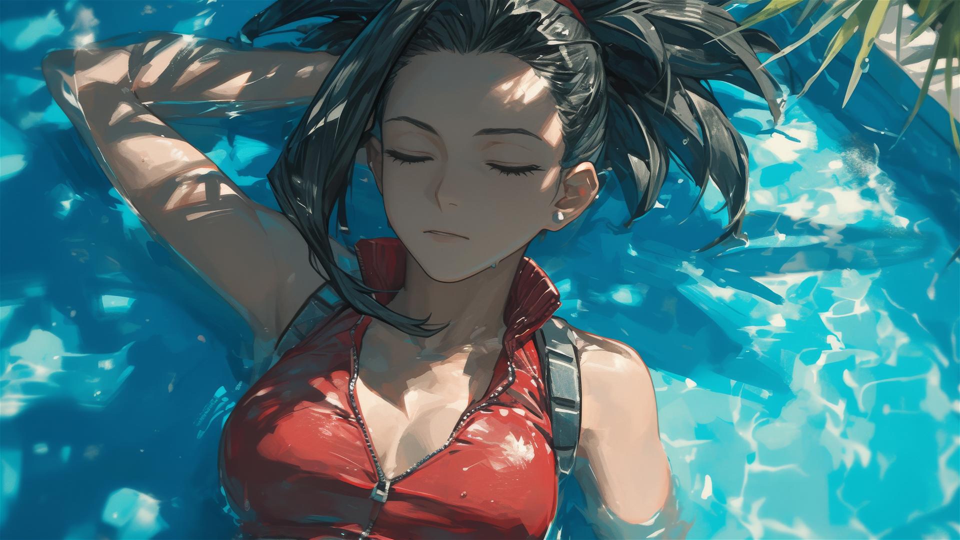 Momo Yaoyorozu resting by pool in moonlight