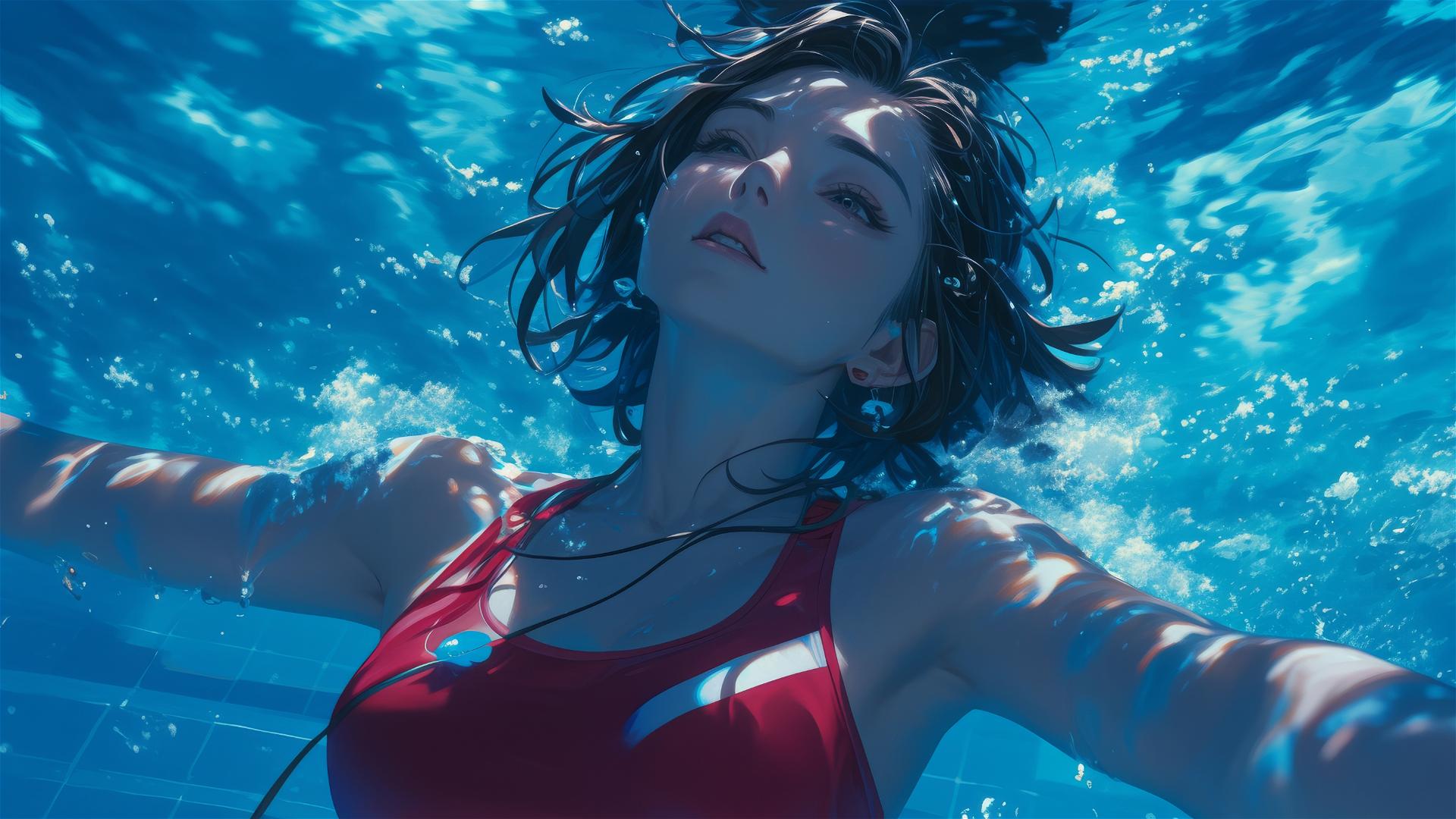 Mikasa Ackerman from Attack on Titan swimming in moonlit pool