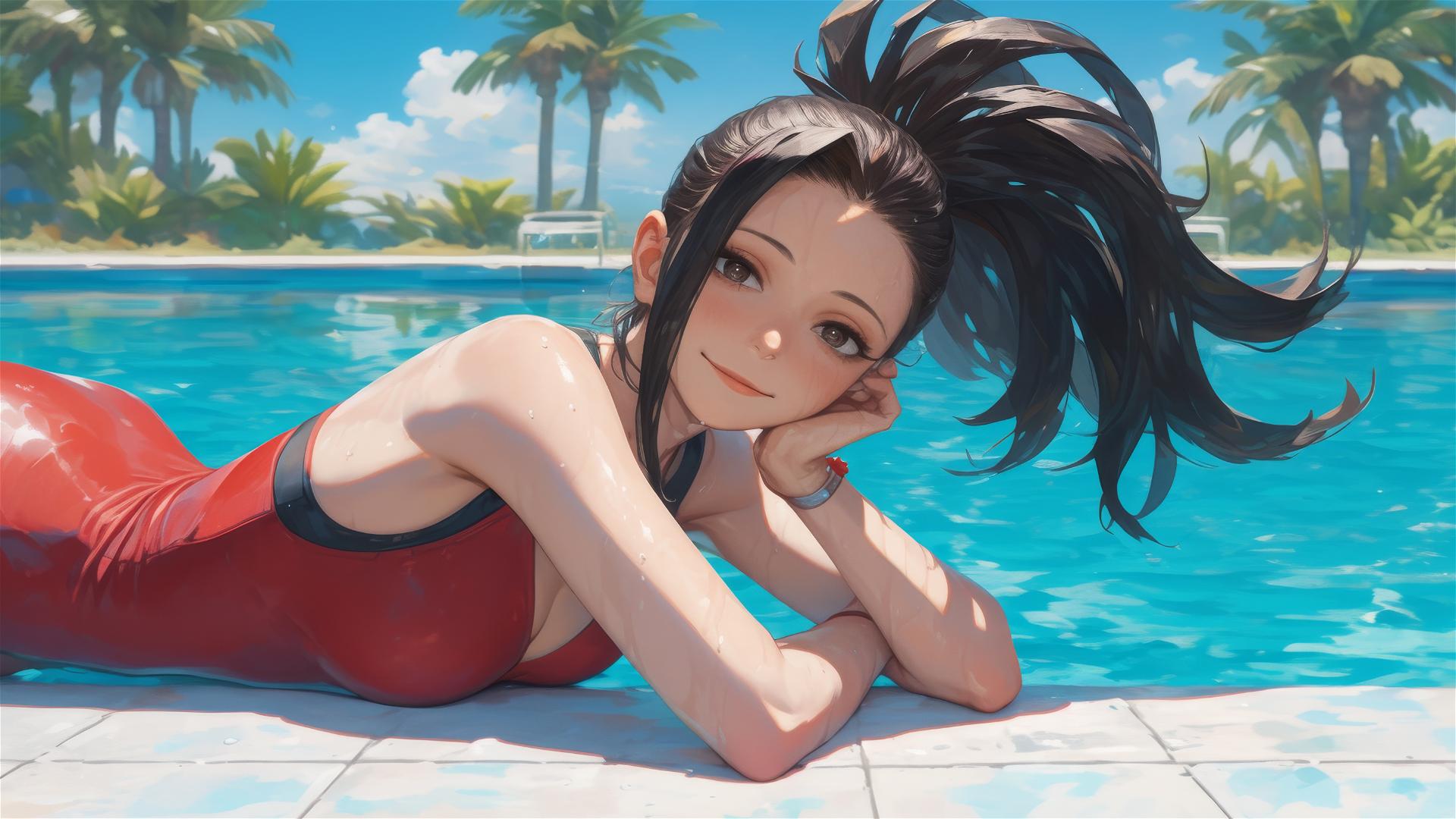 Momo Yaoyorozu from My Hero Academia by the pool in moonlight