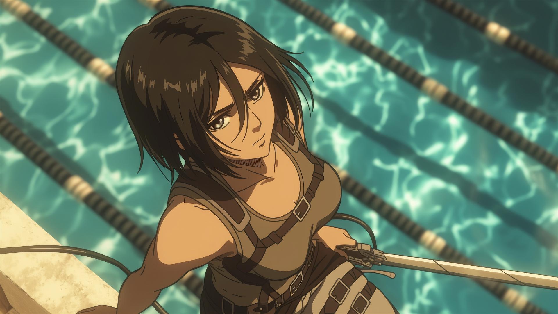 Mikasa Ackerman swimming in moonlit pool, aerial view