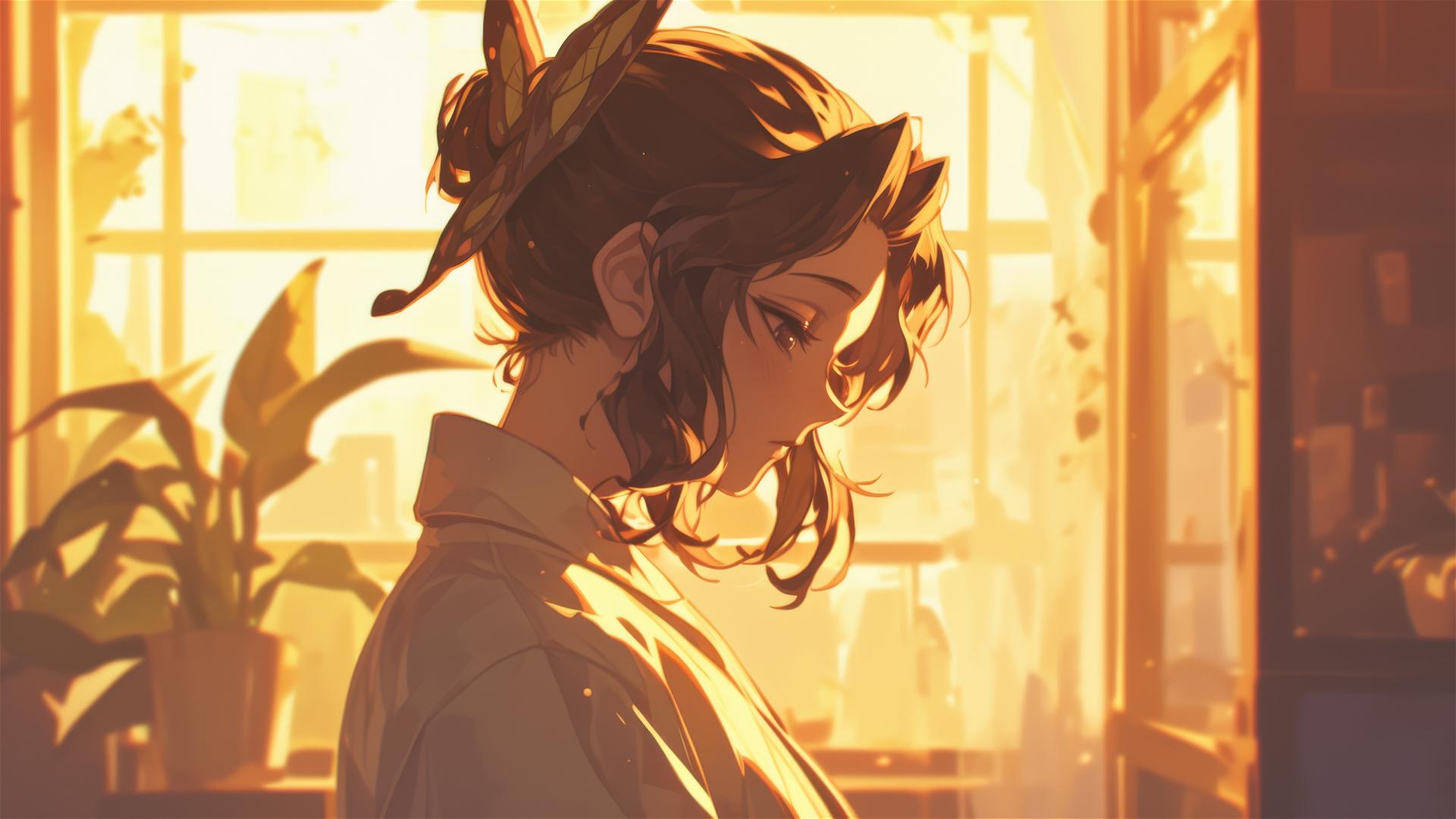Shinobu Kocho in modern silk shirt at sunrise in apartment