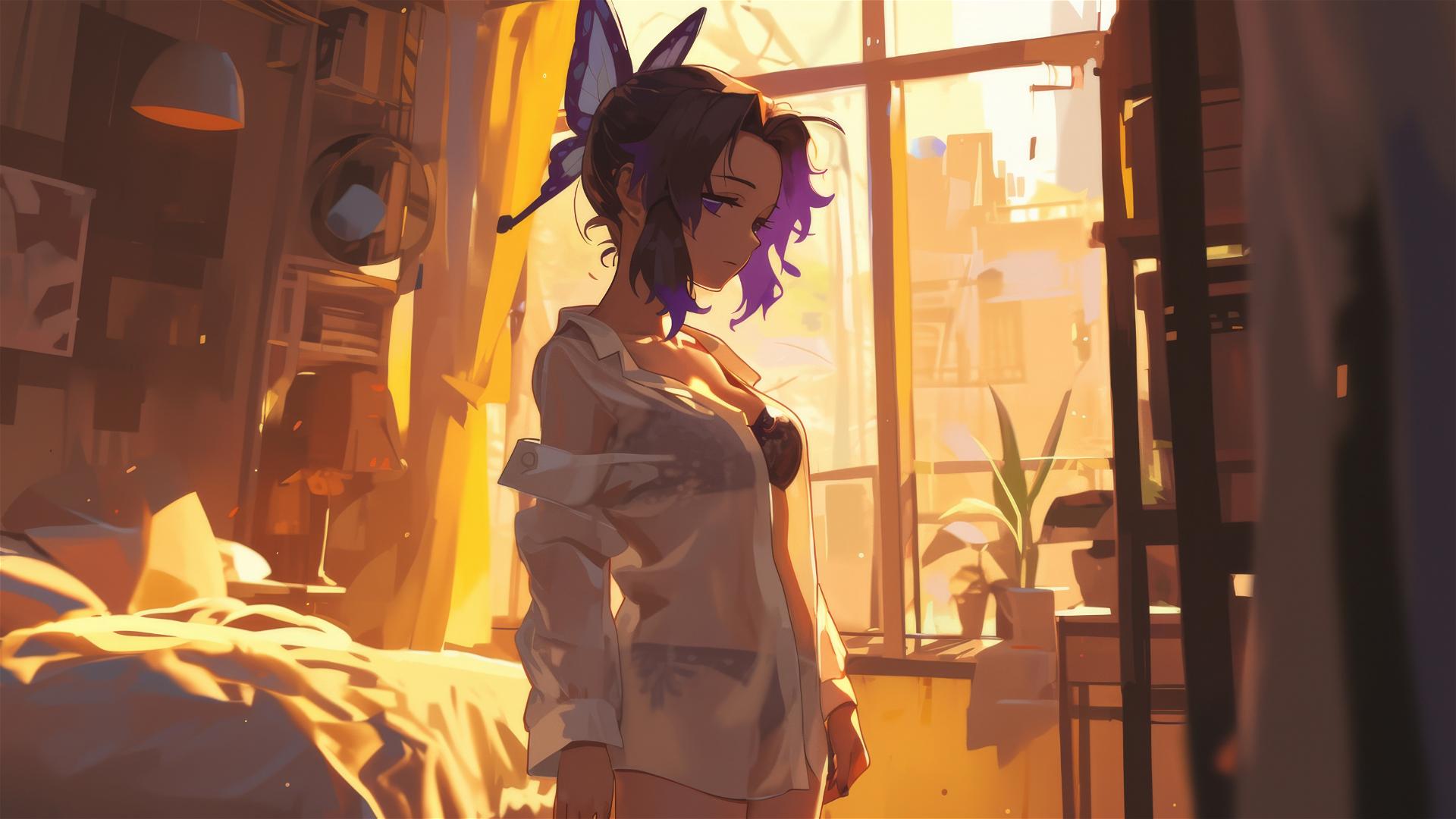 Shinobu Kocho in silk pajamas basking in sunrise glow