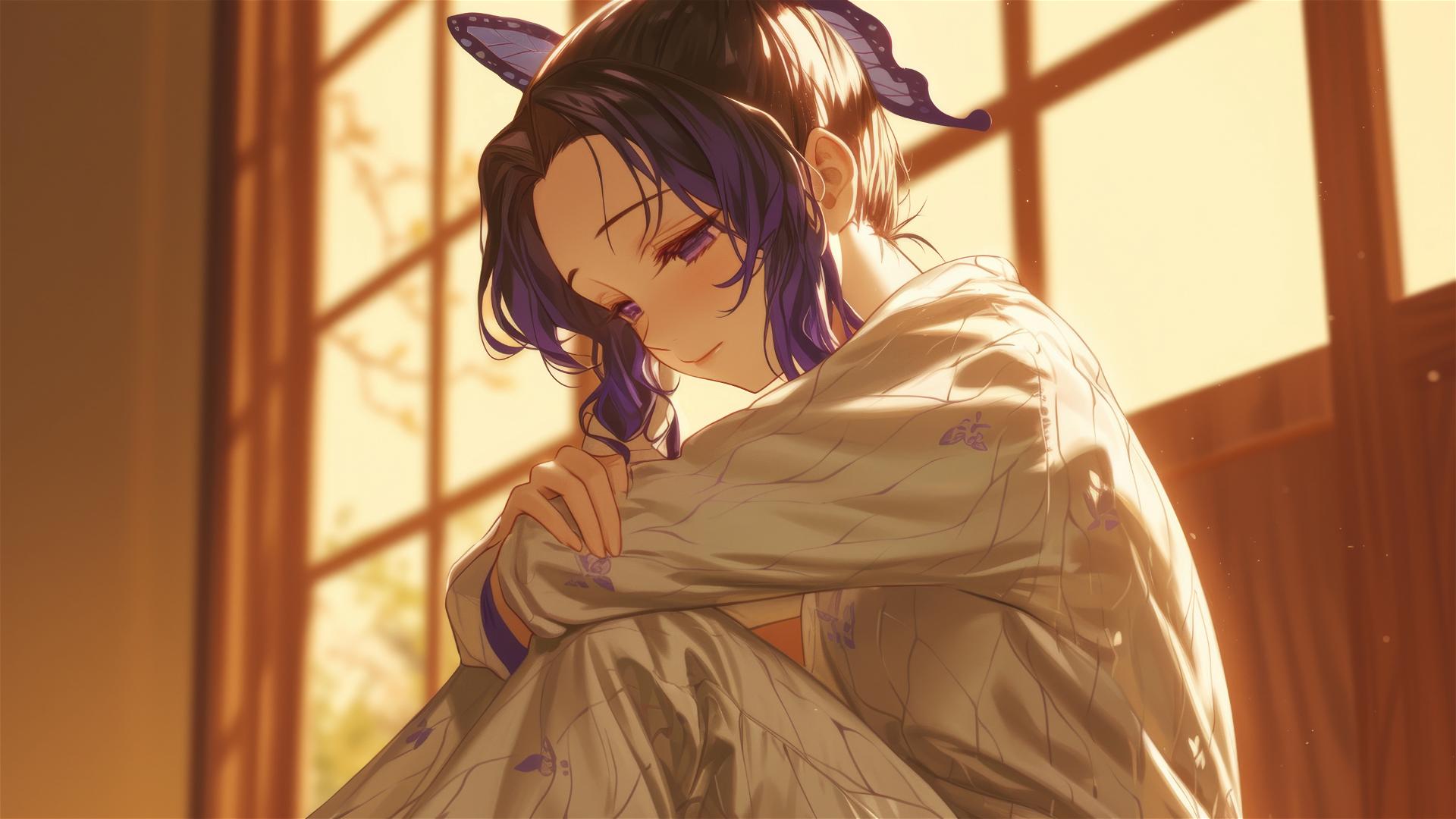Shinobu Kocho in silk pajamas resting at sunrise in apartment