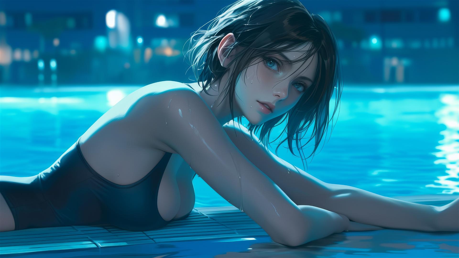 Mikasa Ackerman resting by a pool under moonlight