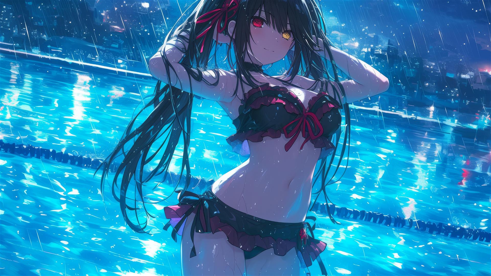 Kurumi Tokisaki in rainy pool with moonlight glow