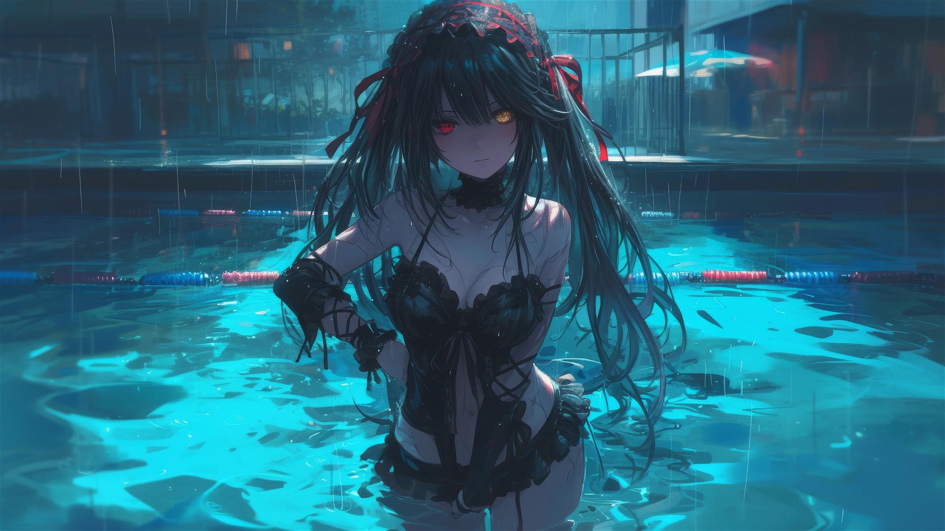 Kurumi Tokisaki under moonlight in rainy pool