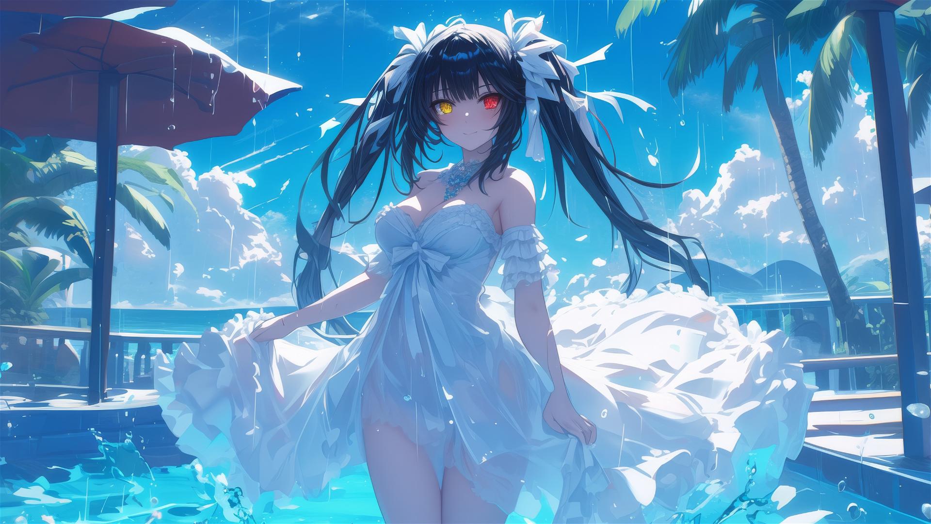 Kurumi Tokisaki in white dress under moonlight in a rainy pool