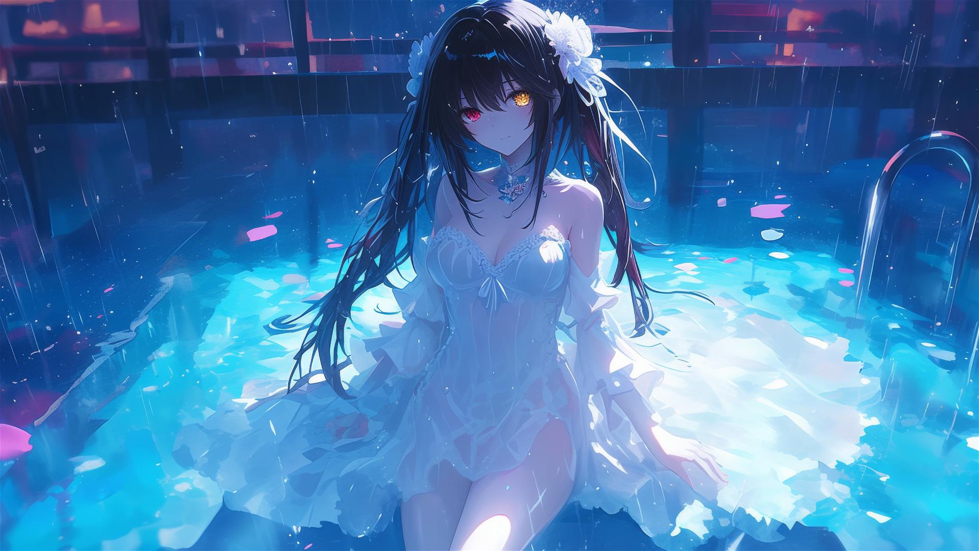 Kurumi Tokisaki in a white dress under moonlight at a rainy pool, one red and one yellow eye