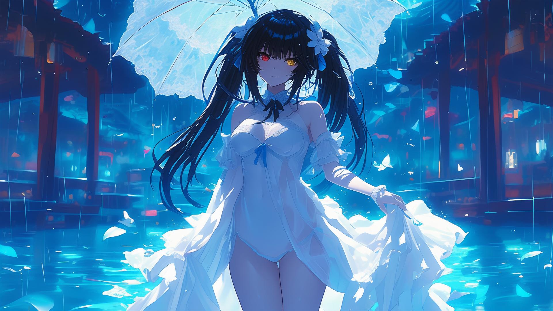 Kurumi Tokisaki in a rainy pool with moonlit glow, in white dress, red right eye, yellow left eye