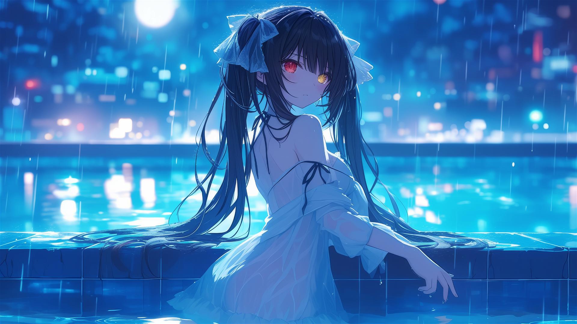 Kurumi Tokisaki in rainy pool with moonlight on white dress, red and yellow eye