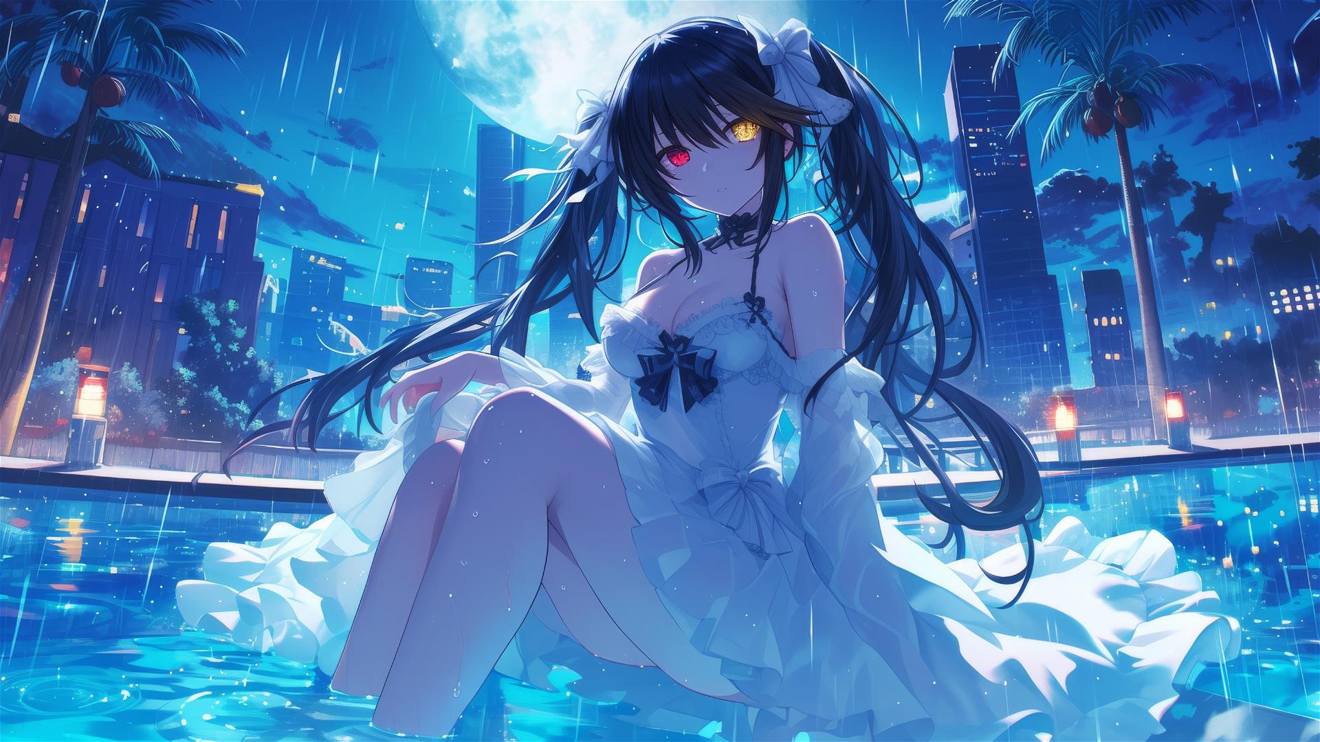 Kurumi Tokisaki from Date A Live in a rainy pool with moonlit glow, red and yellow eyes