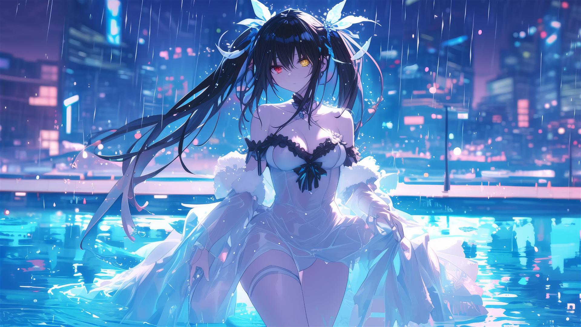 Anime character Kurumi Tokisaki in rainy pool with glowing moonlight and colorful eyes
