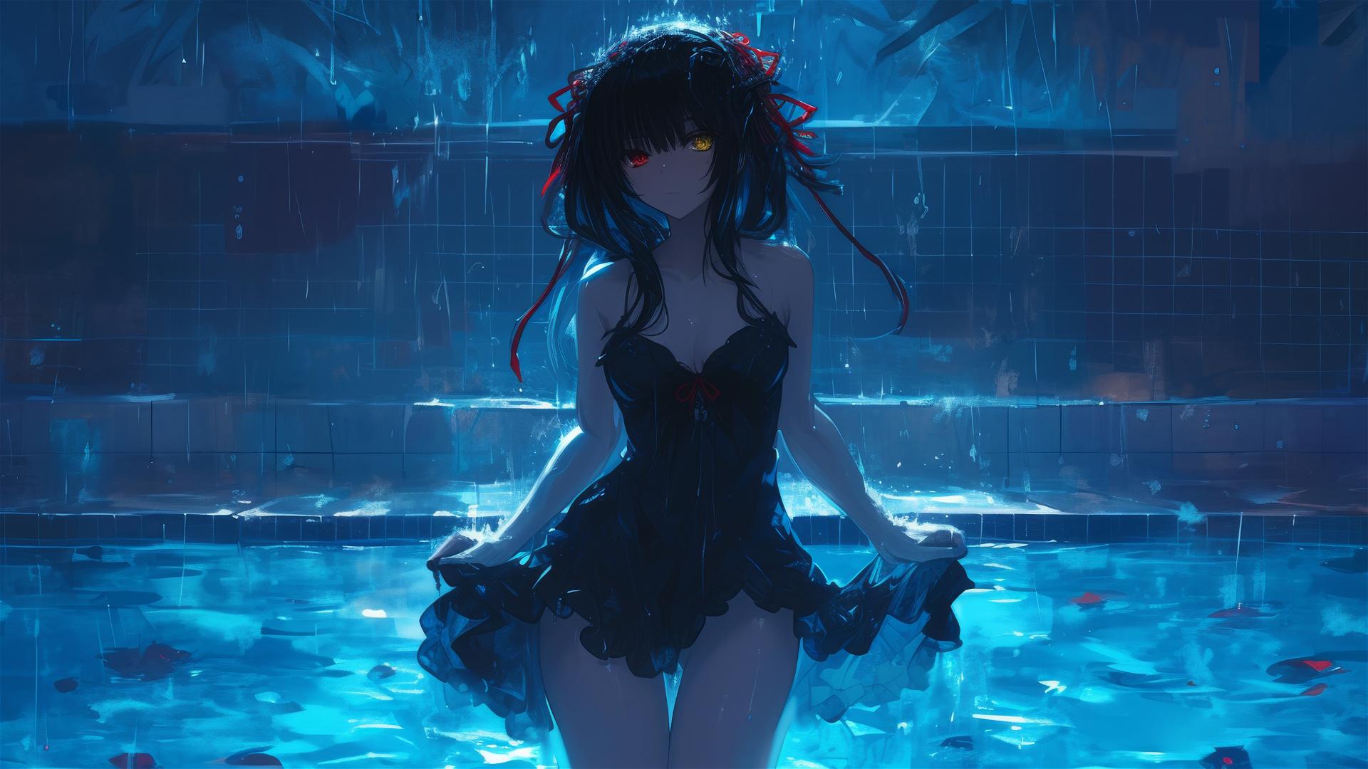 Kurumi Tokisaki from Date A Live standing in a rainy pool under moonlight, with one red and one yellow eye.