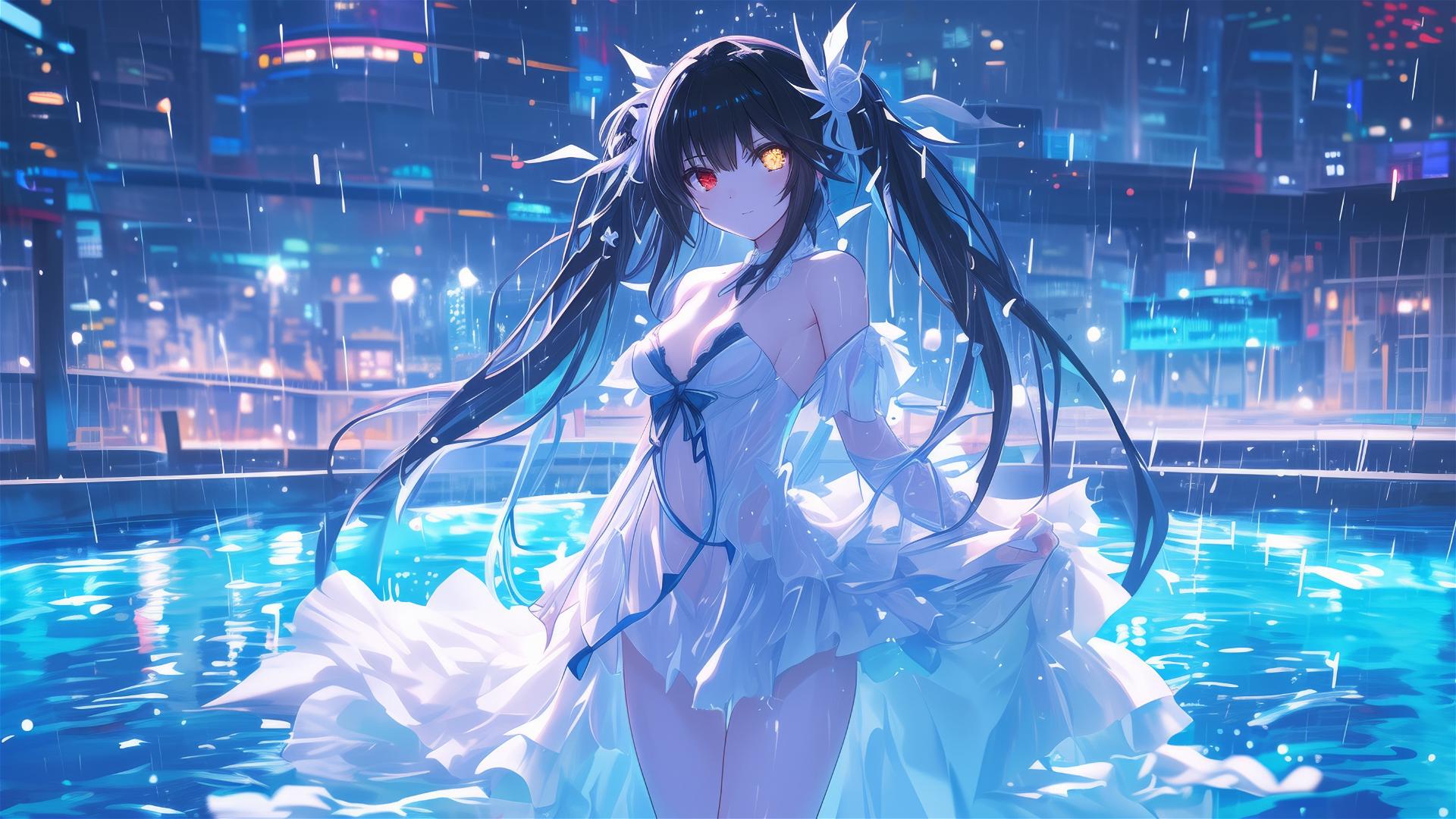 Kurumi Tokisaki in moonlit rainy pool, white dress, red and yellow eyes