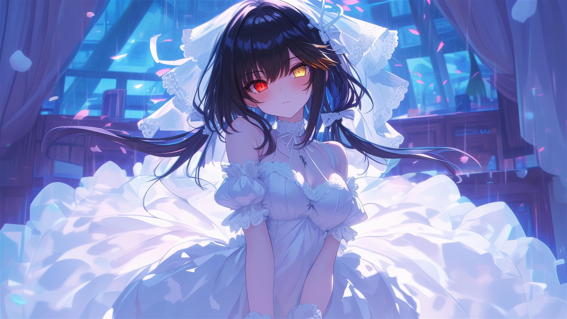 Kurumi Tokisaki in white dress under moonlight with red and yellow eyes