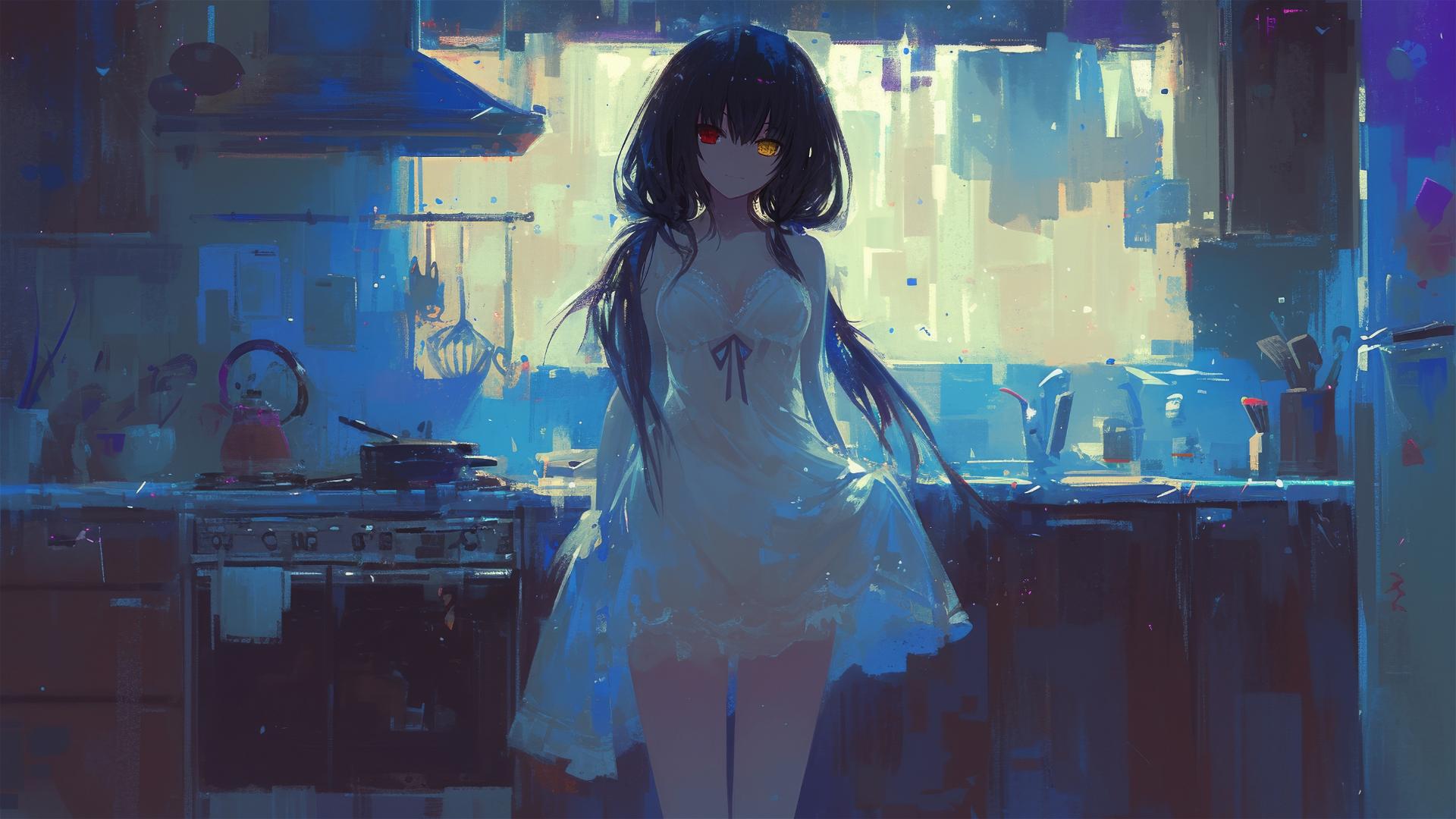 Kurumi Tokisaki in kitchen under moonlight, white dress, red and yellow eyes