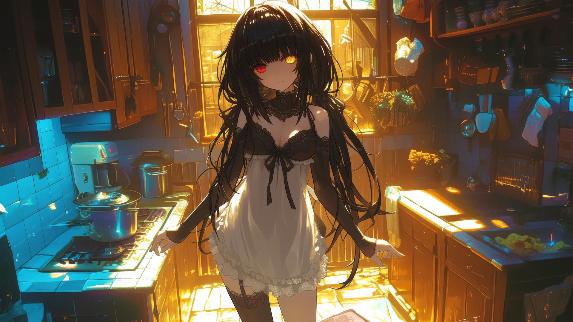 Kurumi Tokisaki from Date A Live in white dress under moonlight in kitchen