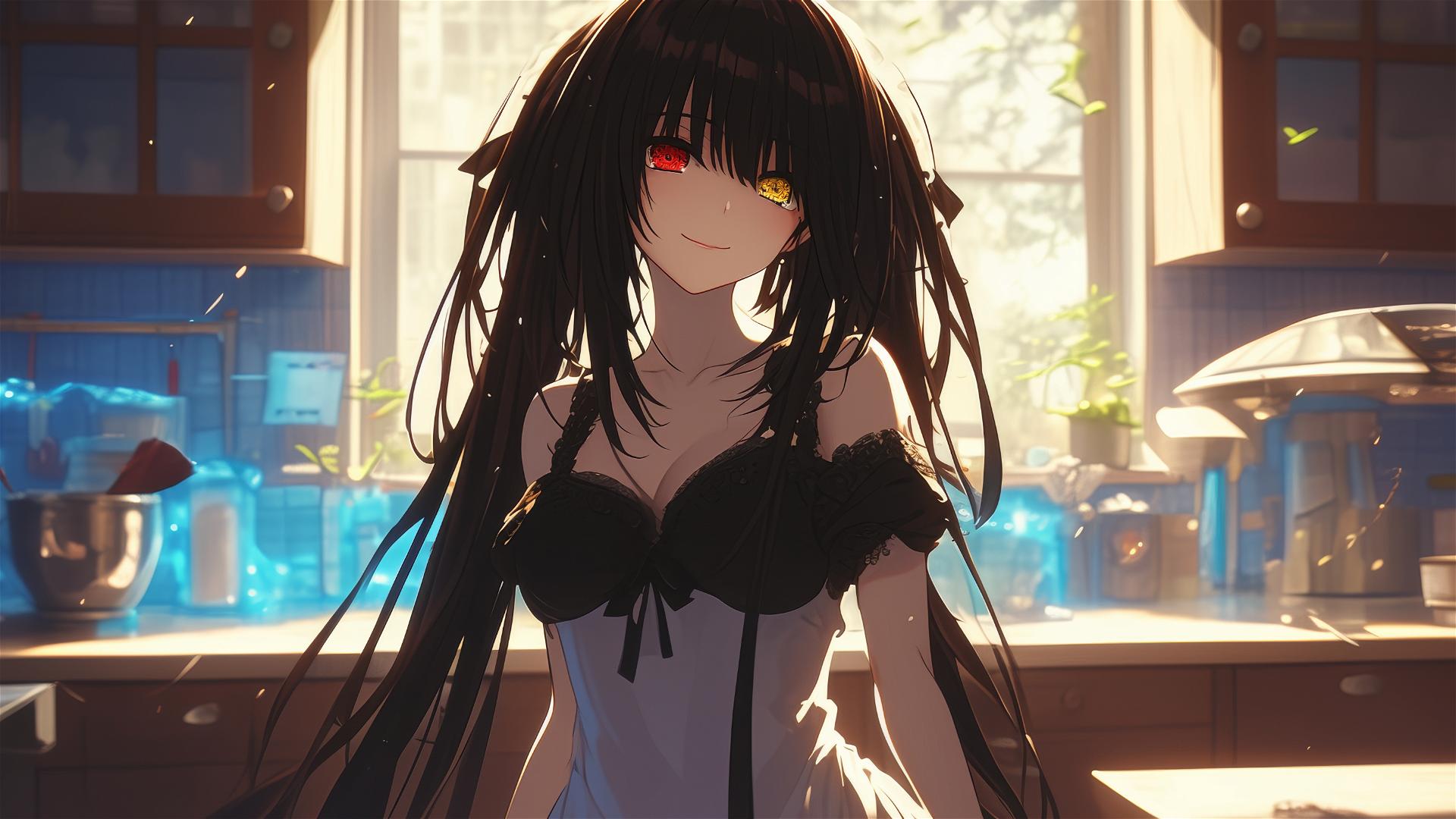 Kurumi Tokisaki in kitchen, moonlit, in white dress, red and yellow eyes