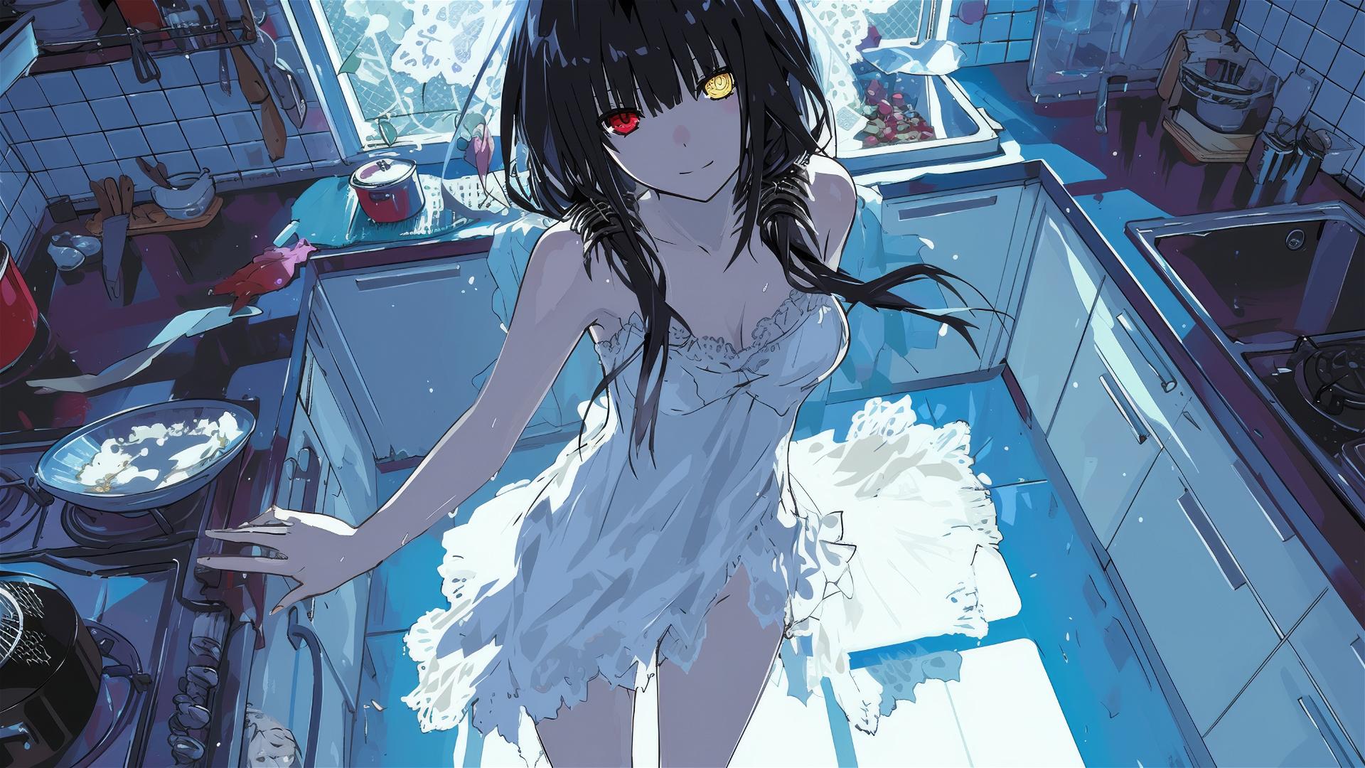 Kurumi Tokisaki in kitchen under moonlight with red and yellow eyes