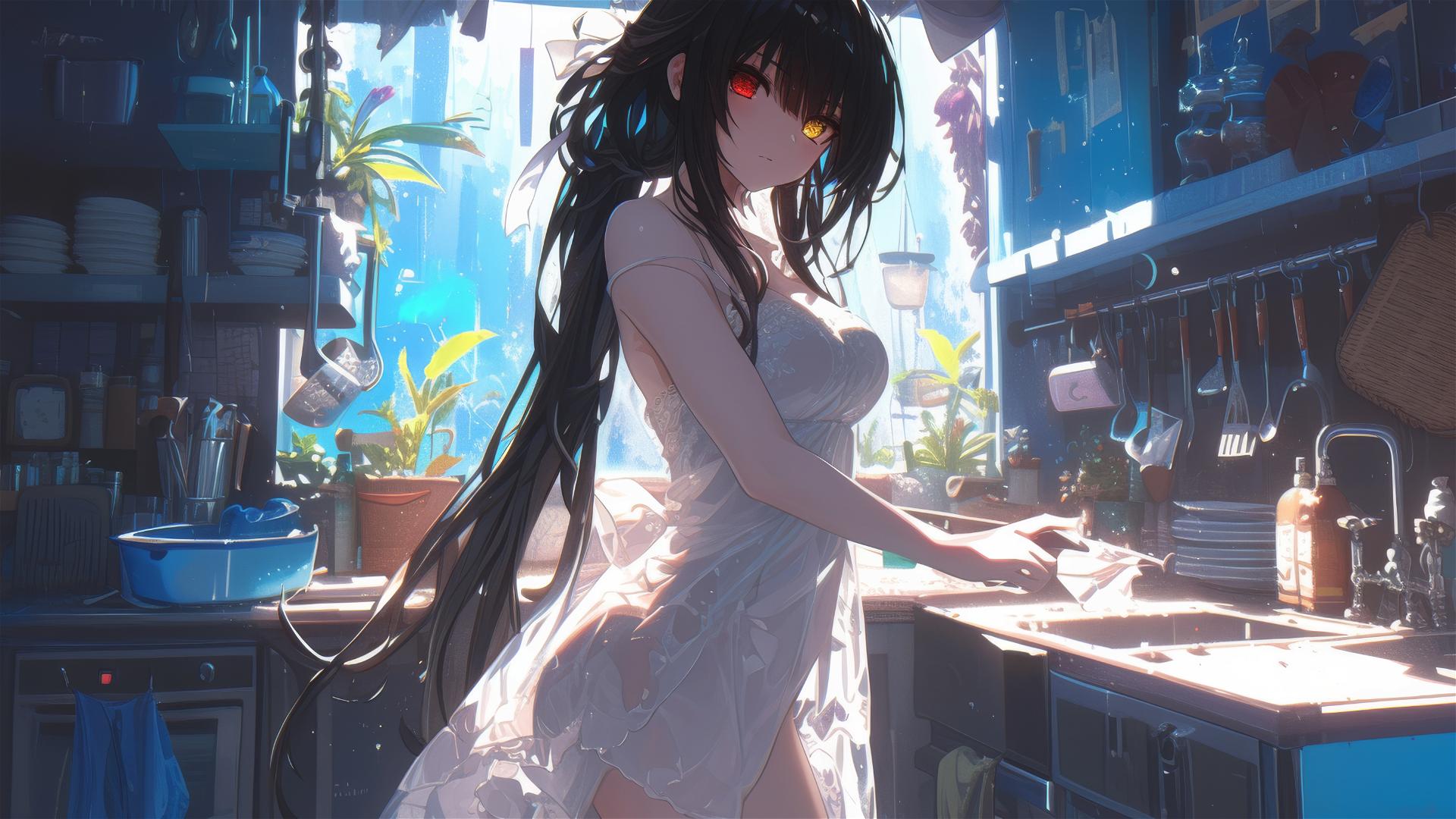 Kurumi Tokisaki in kitchen with moonlight on her white dress, red right eye, and yellow left eye.