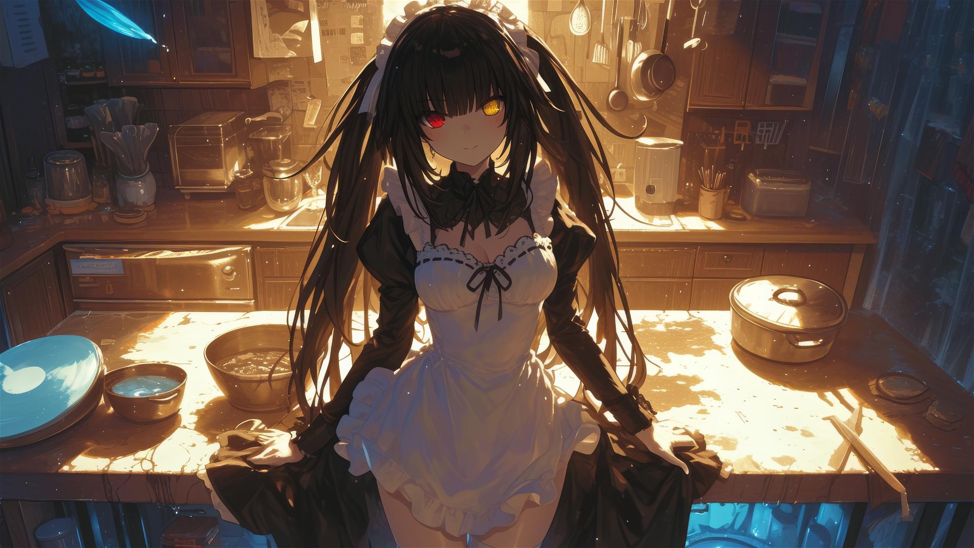 Kurumi Tokisaki in white dress with two different eye colors in moonlit kitchen
