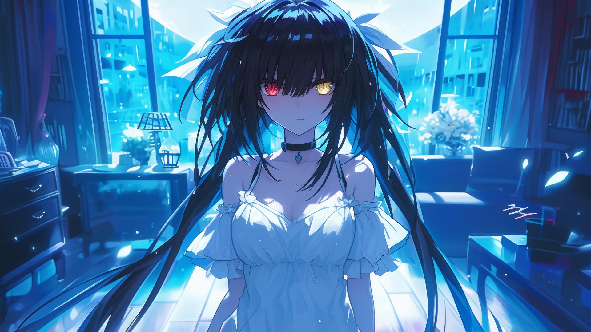 Kurumi Tokisaki in white dress under moonlight in her apartment