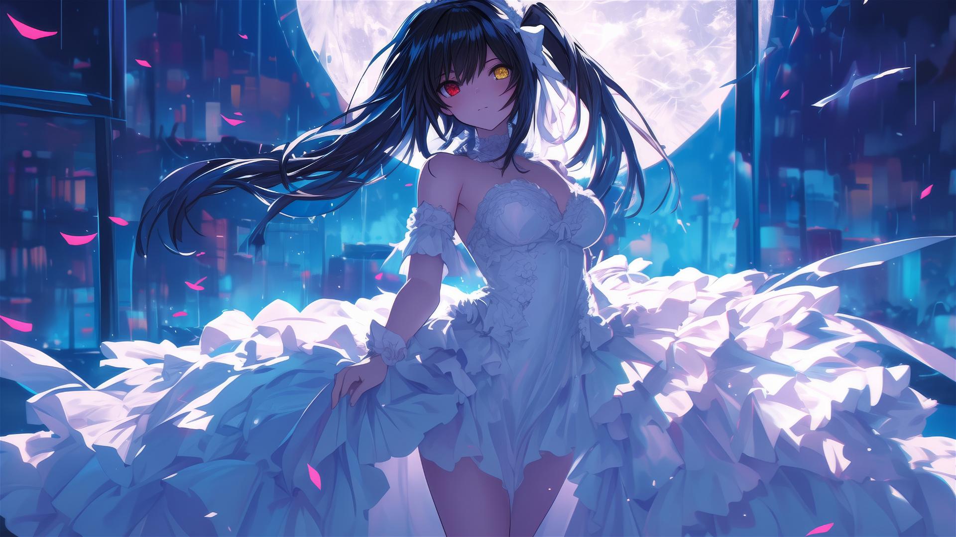 Kurumi Tokisaki in white dress, red right eye, yellow left eye, moonlit apartment