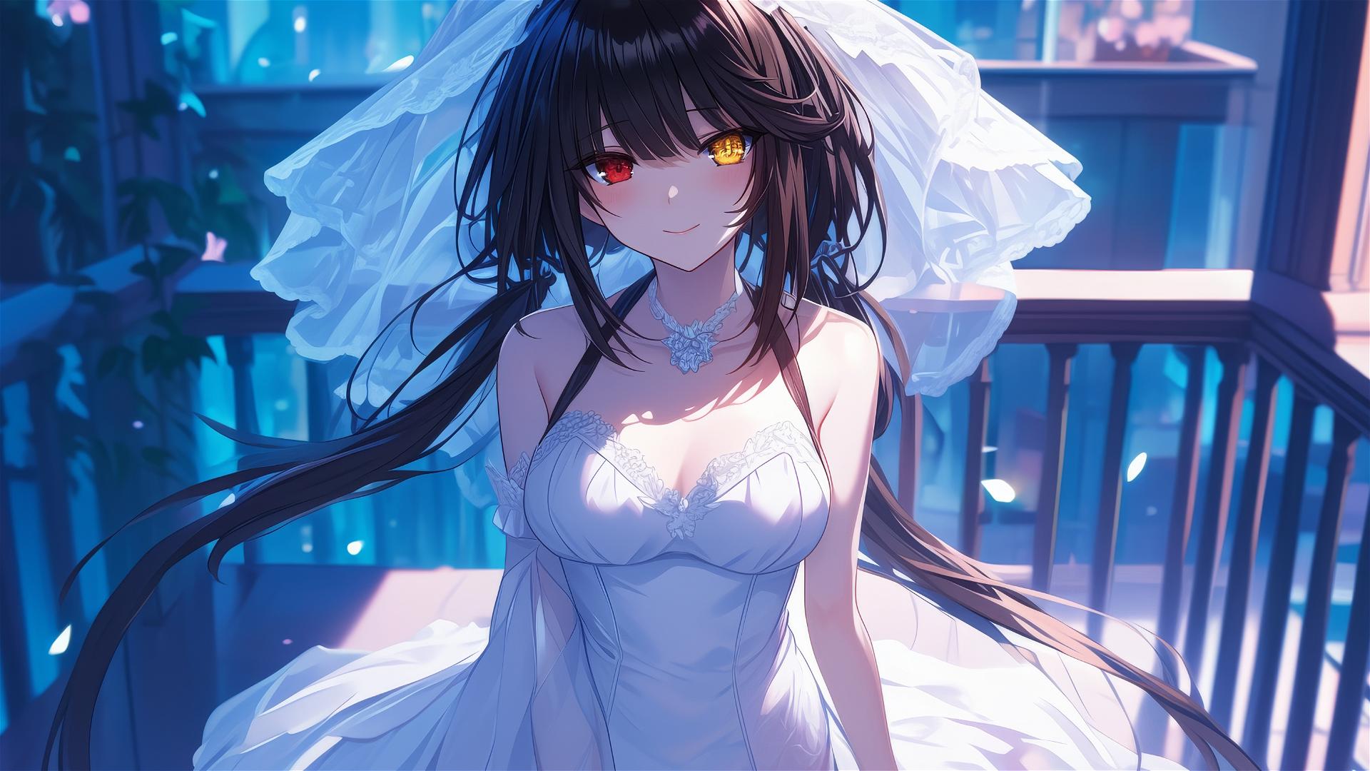 Kurumi Tokisaki in moonlit apartment with red and yellow eyes