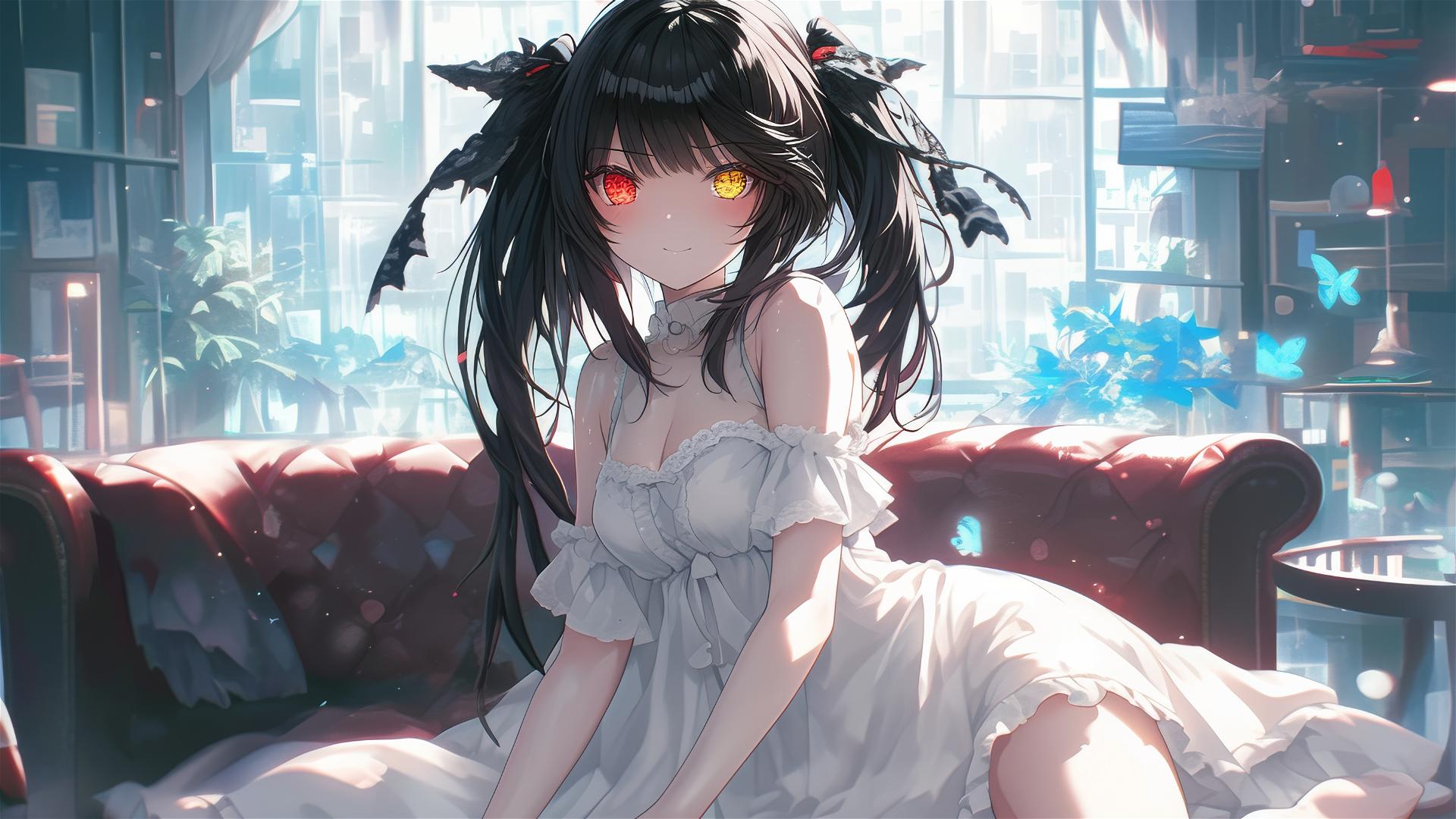 Kurumi Tokisaki relaxes in moonlit studio, eyes red and yellow