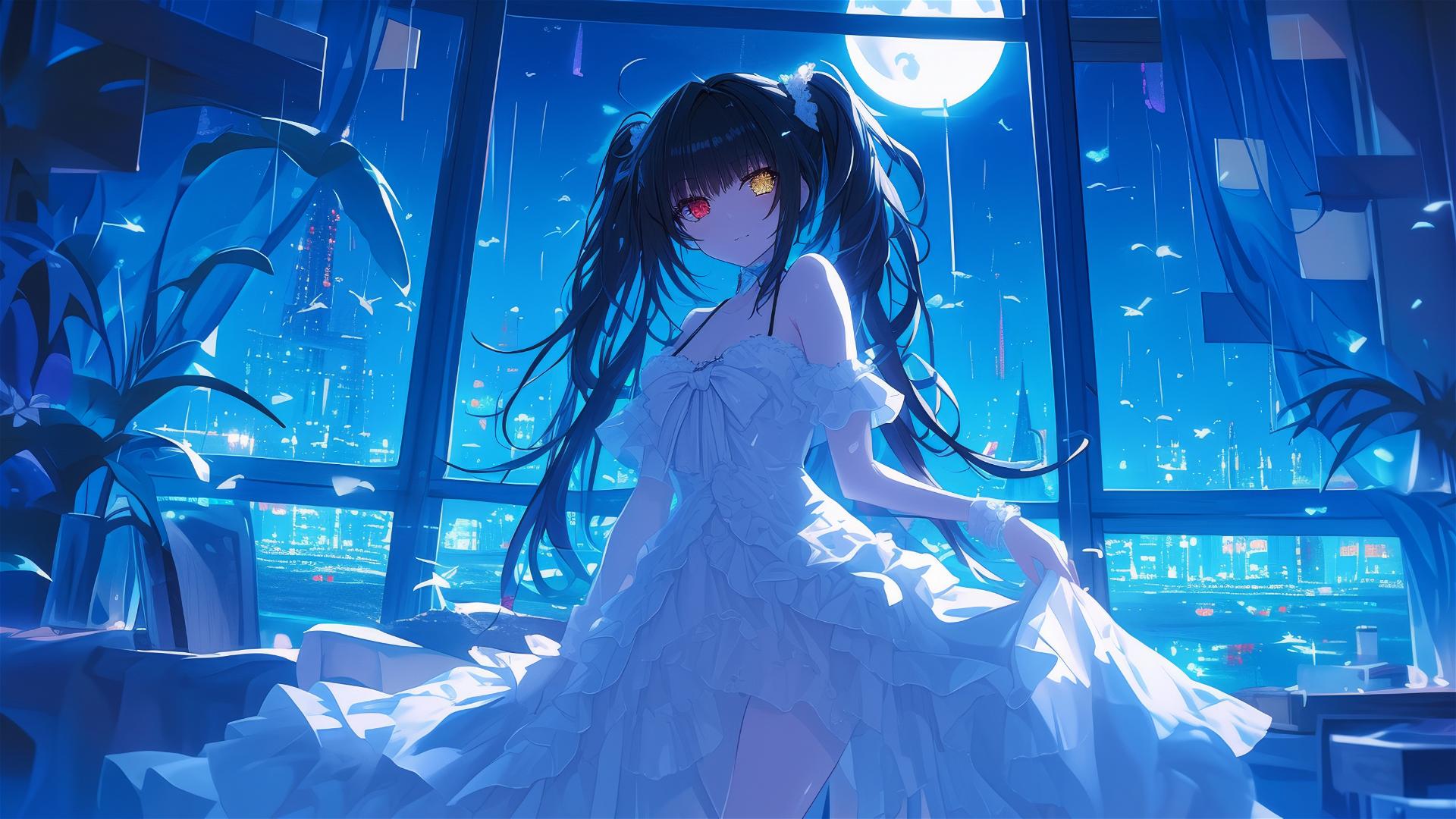 Kurumi Tokisaki in moonlit bedroom with red and yellow eyes
