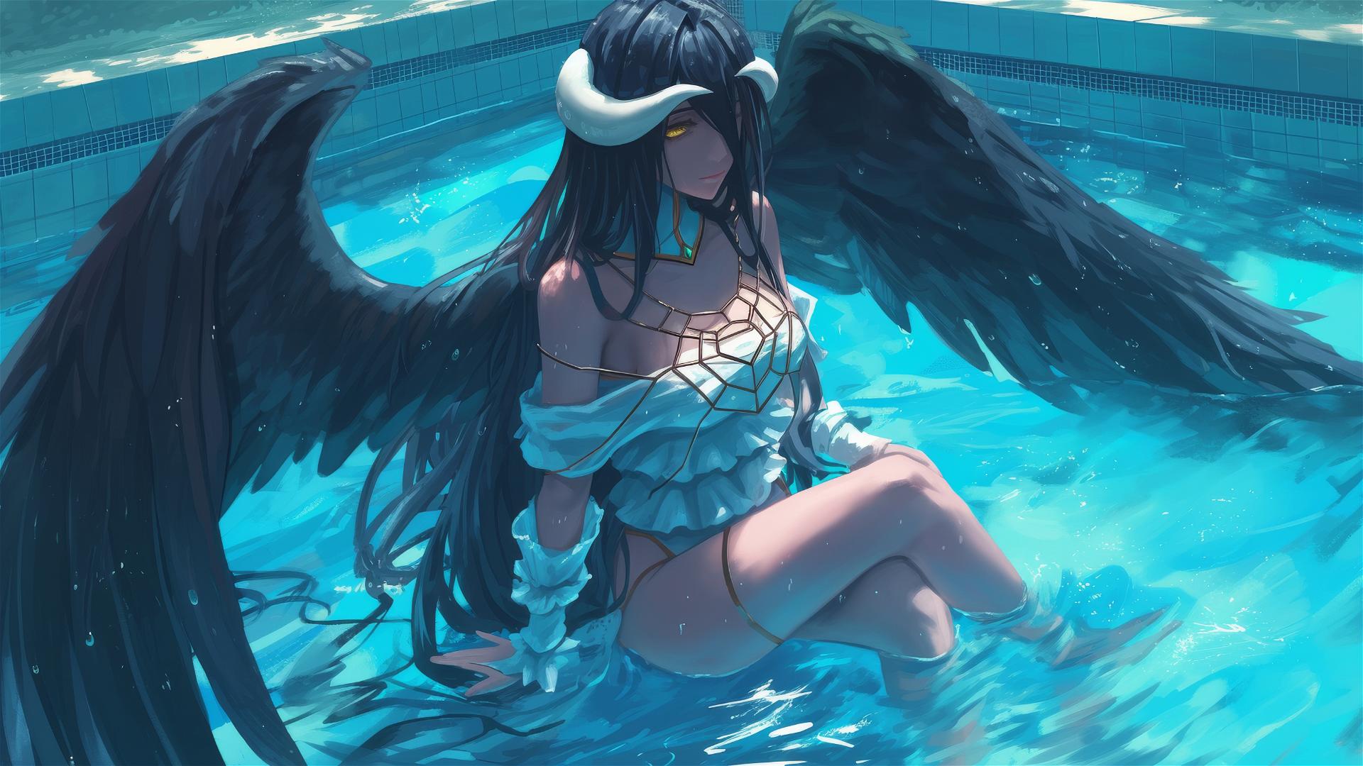Albedo from Overlord in a pool under moonlit rainy sky