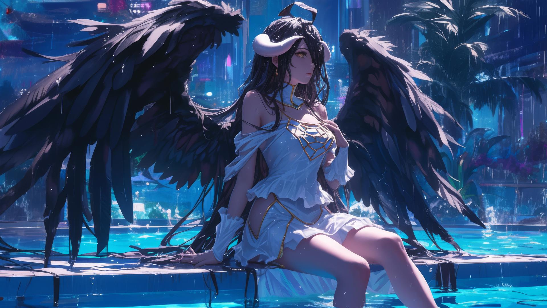 Albedo from Overlord in a pool on a rainy day with moon glow on her white bunny costume