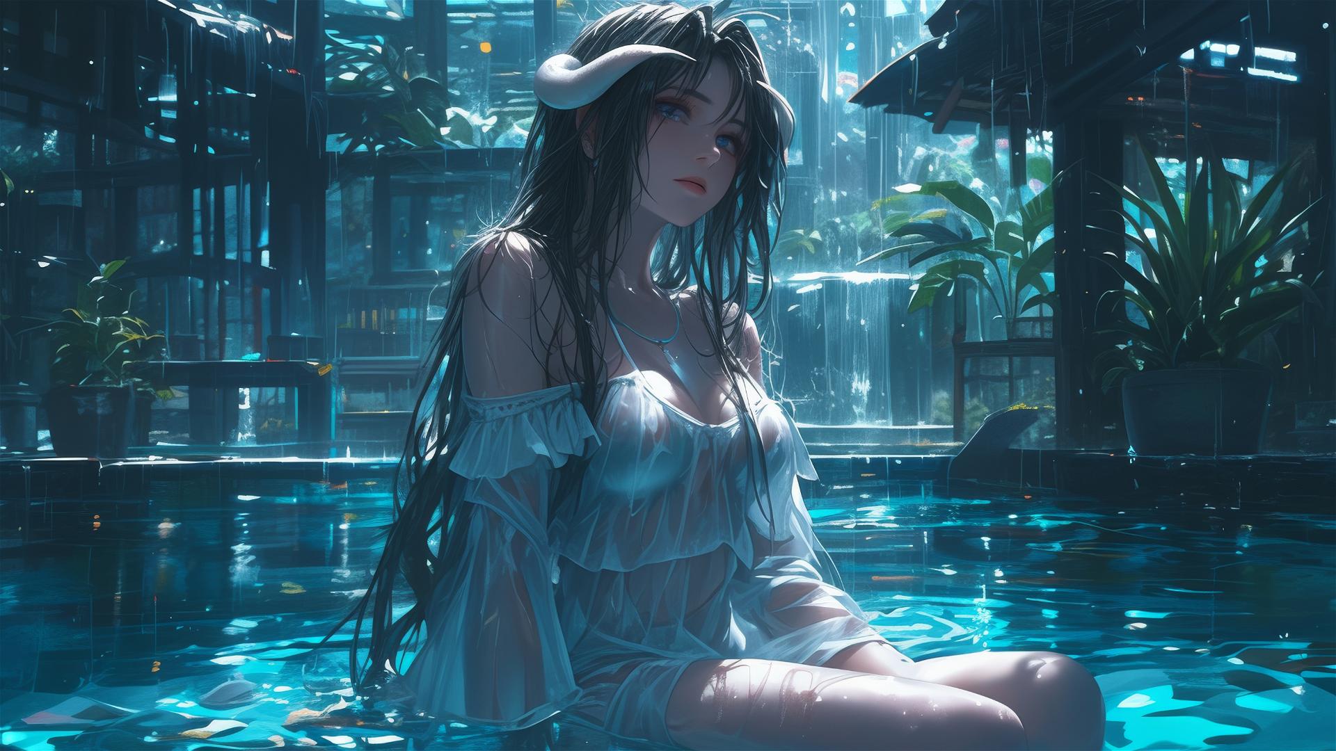 Albedo from Overlord as a bunny girl in a pool on a rainy day with moon glow