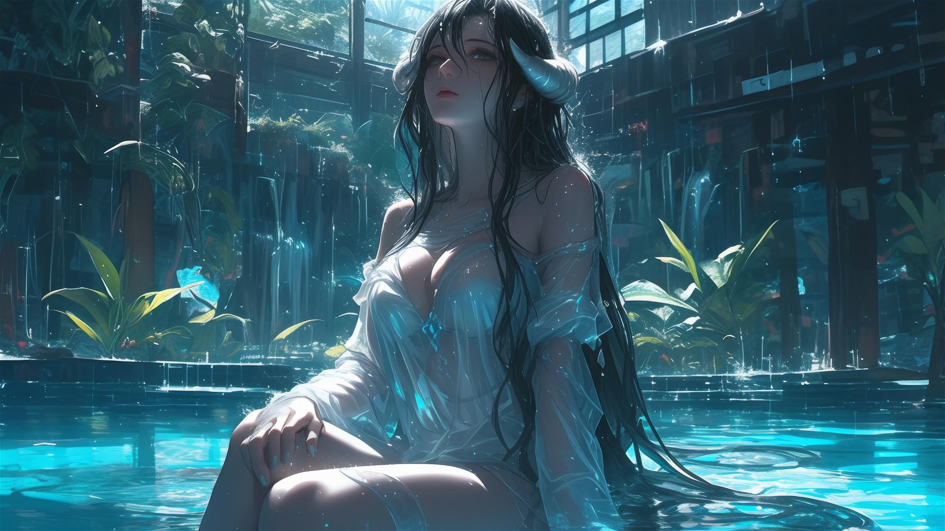 Albedo from Overlord in a pool on a rainy night with moonlight on her white bunny dress