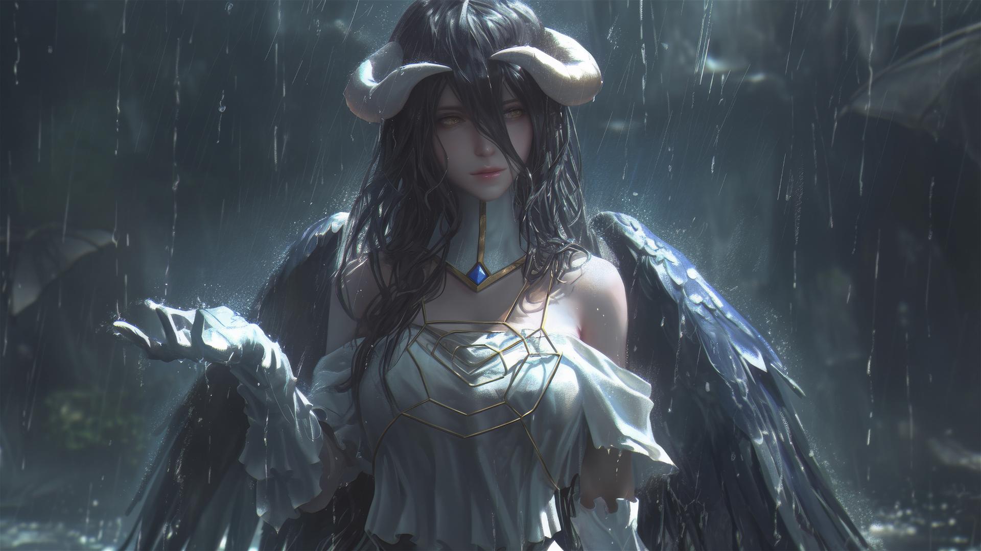 Albedo from Overlord standing in the rain with a soft moon glow on her white dress