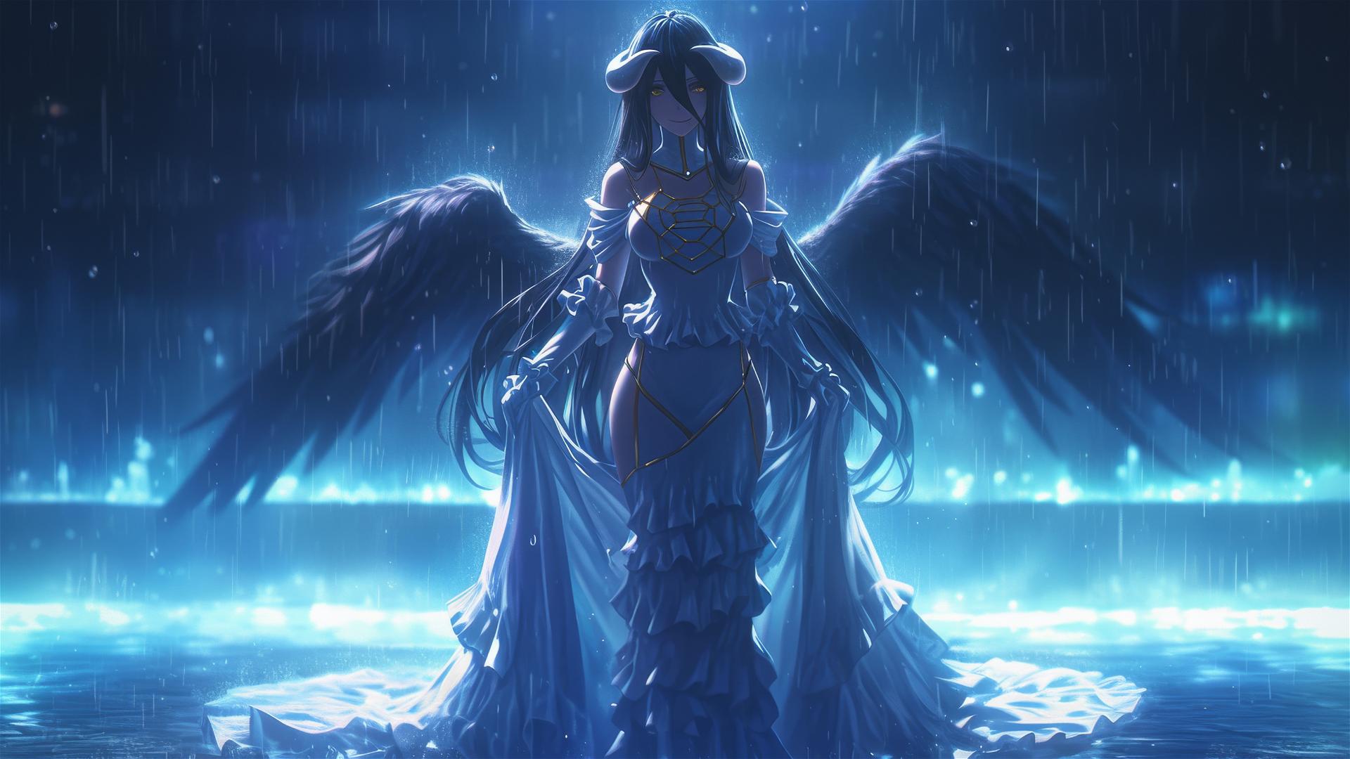 Albedo from Overlord in a bunny girl pose, white dress in moonlit rain, 8K realism